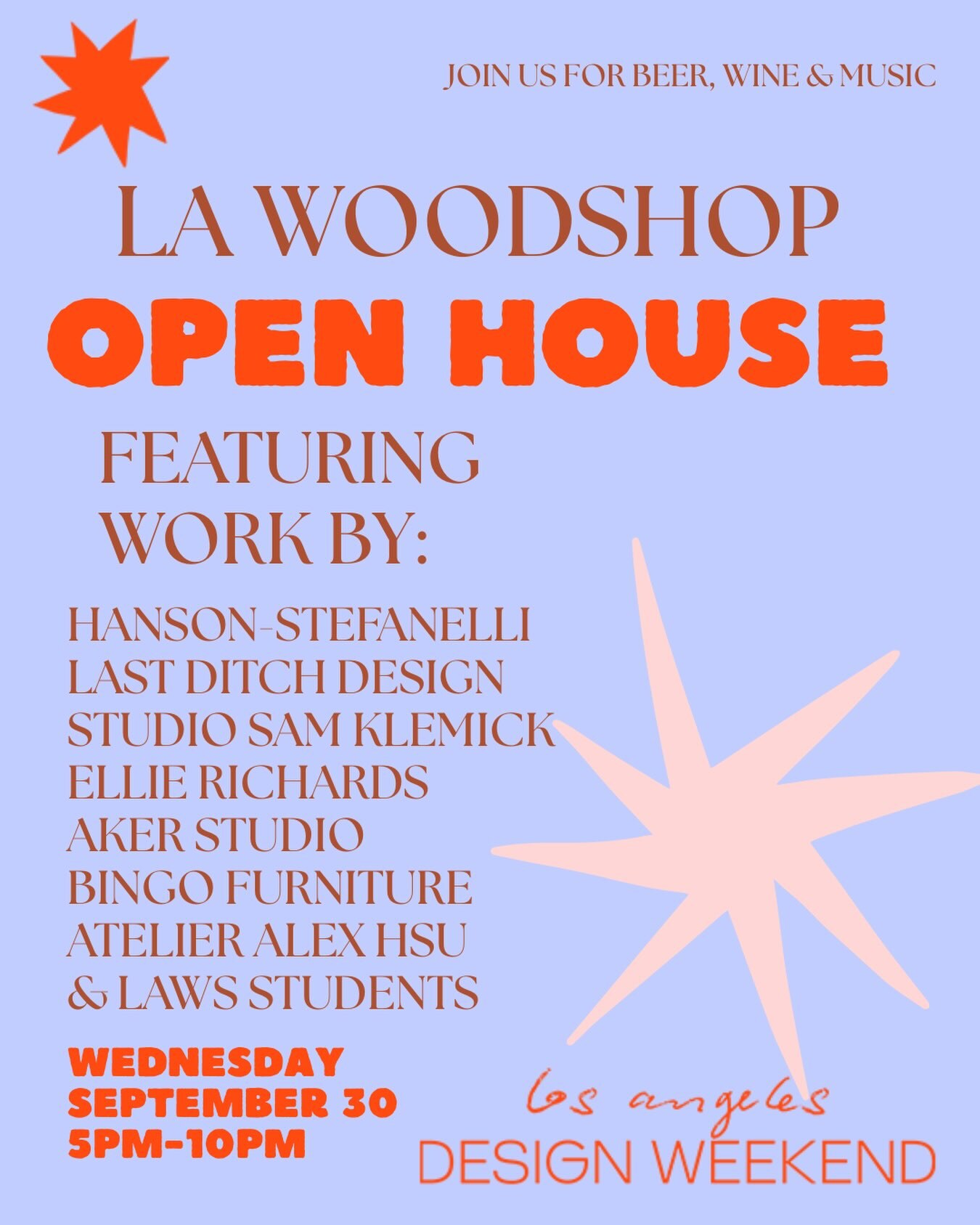 LA WOODSHOP OPEN HOUSE flyer listing seven featured Los Angeles designers and LA Woodshop students for September 30, 2026