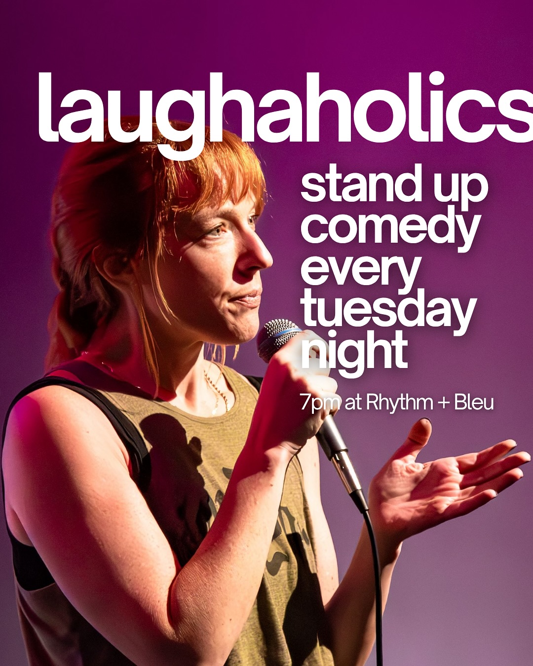 Laughaholics weekly stand-up comedy flyer with a performer on a magenta and purple stage