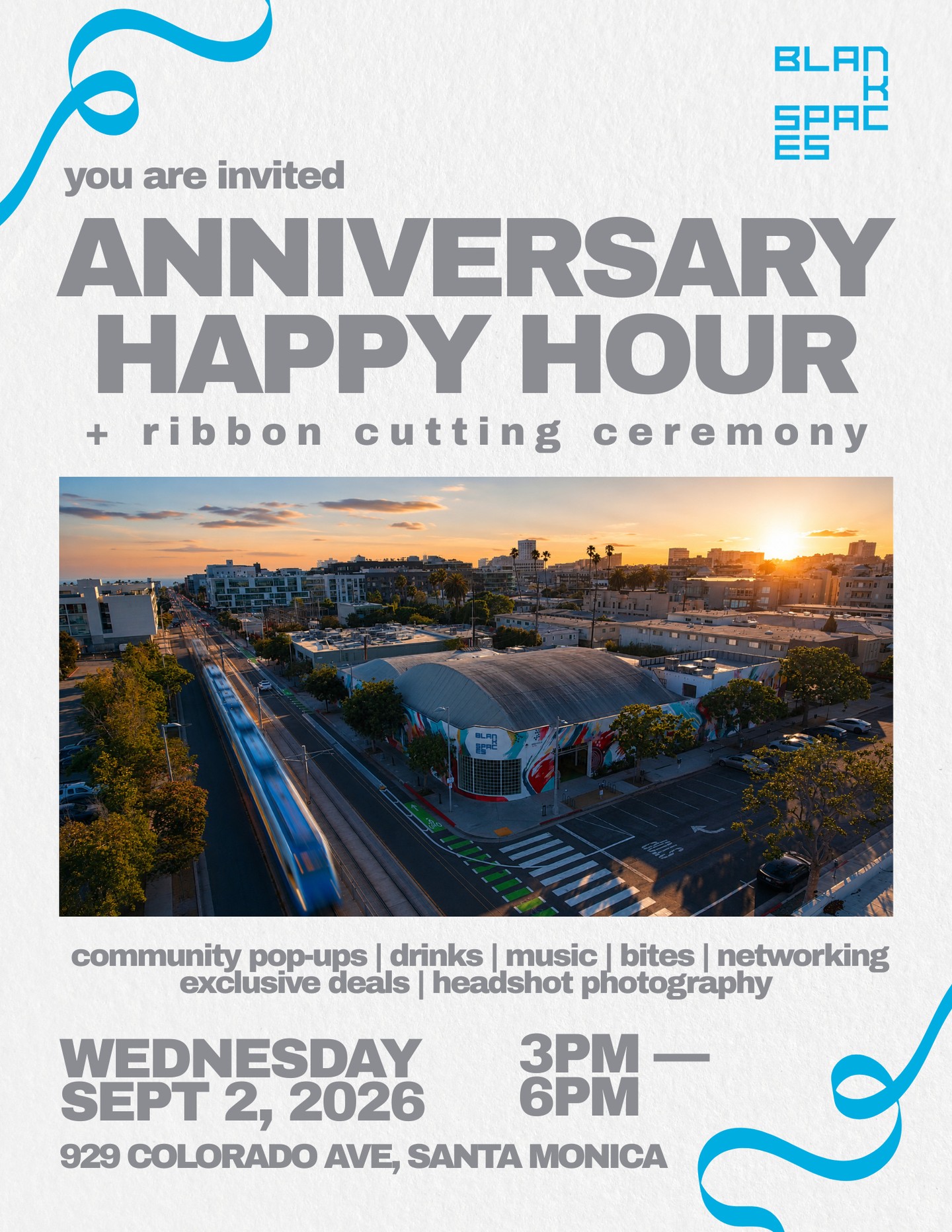 BLANKSPACES anniversary happy hour and ribbon cutting flyer