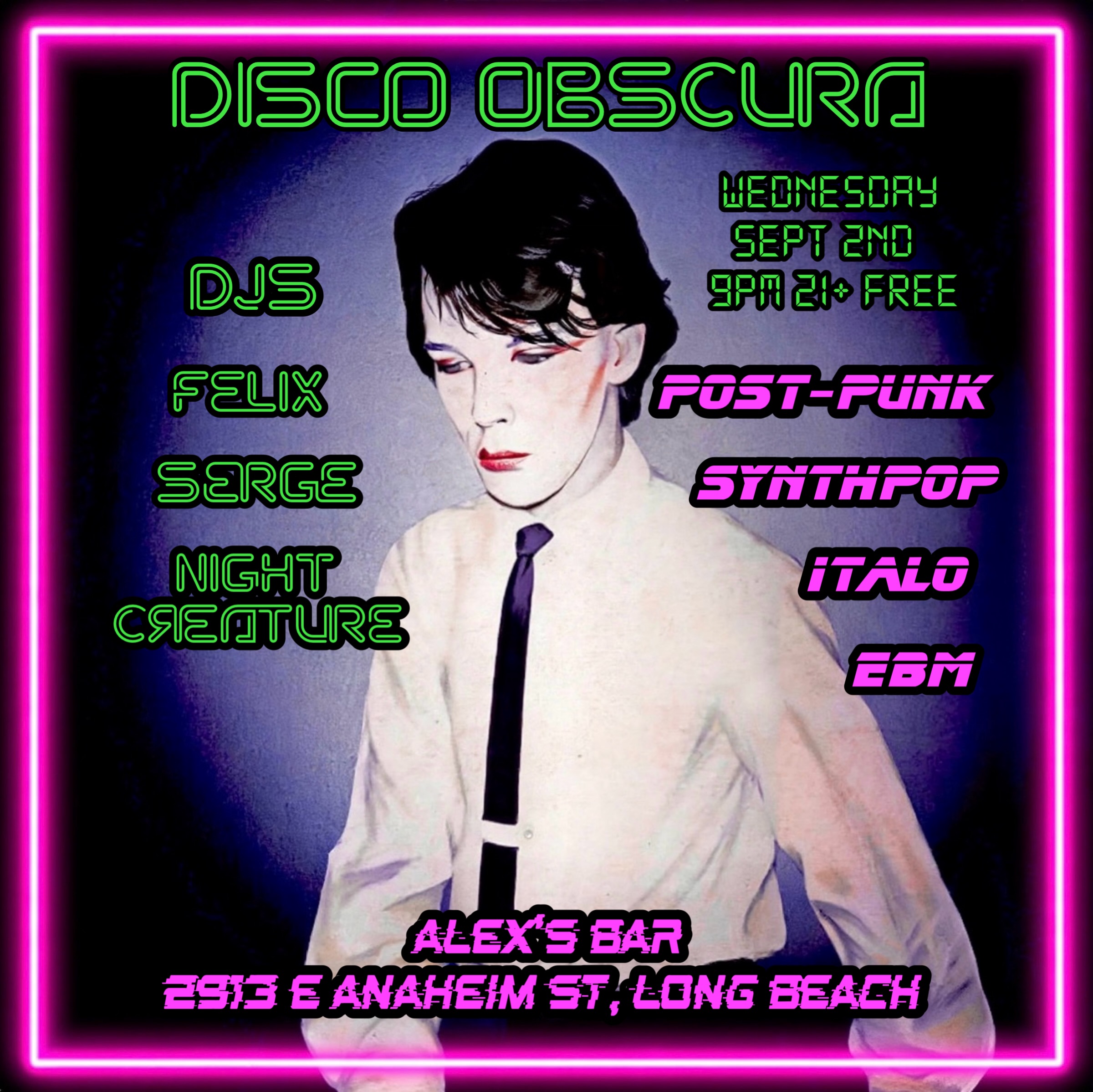 Disco Obscura September 2 flyer for Alex's Bar