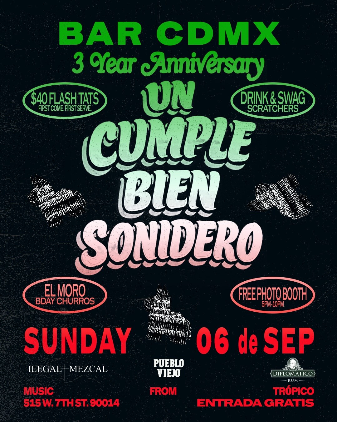 Bar CDMX three-year anniversary flyer, UN CUMPLE BIEN SONIDERO, September 6 with Trópico, El Moro churros, tattoos and free entry