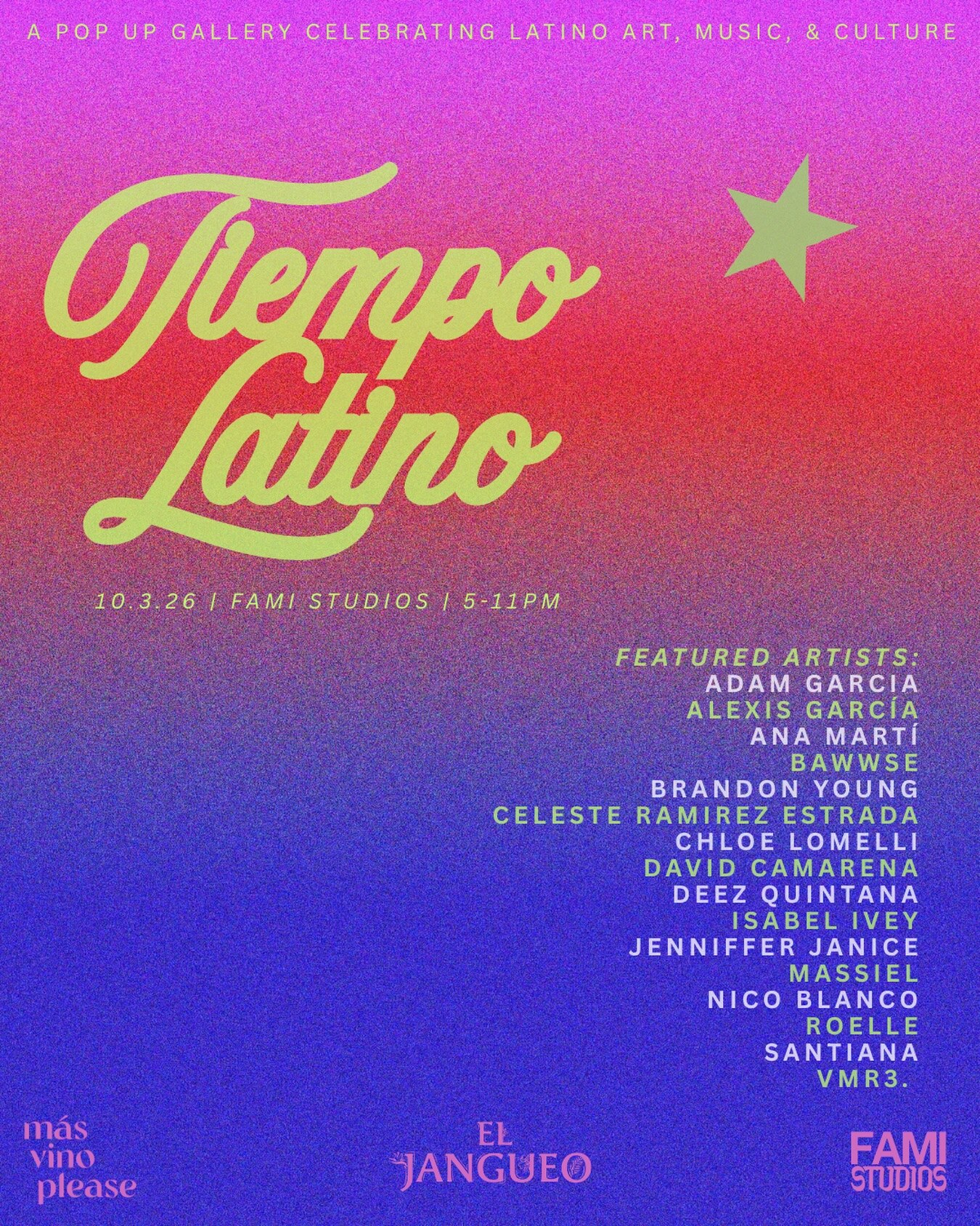 Tiempo Latino pop-up gallery flyer listing sixteen featured artists, October 3 from 5–11pm.