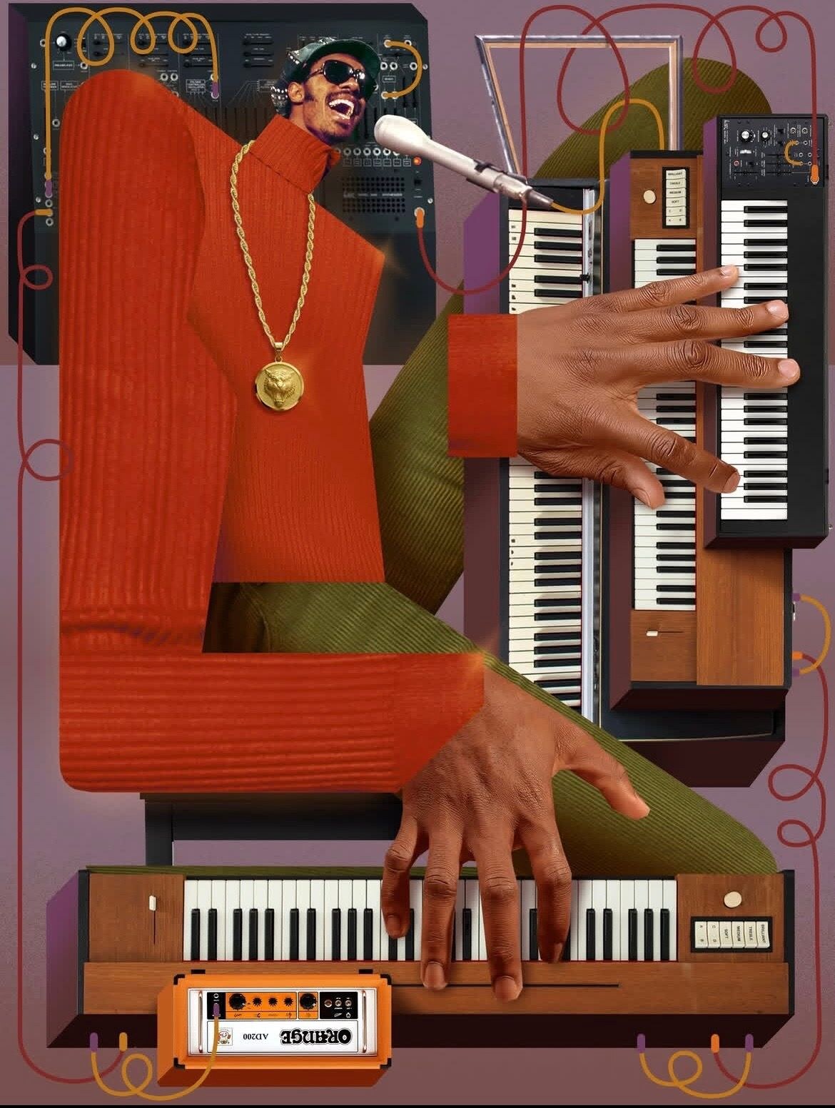 Collage artwork of a musician singing and playing keyboards for the LA Sound Circle meetup