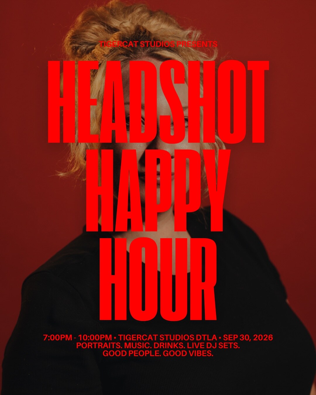 Red Tigercat Studios Headshot Happy Hour flyer for September 30 from 7pm to 10pm.