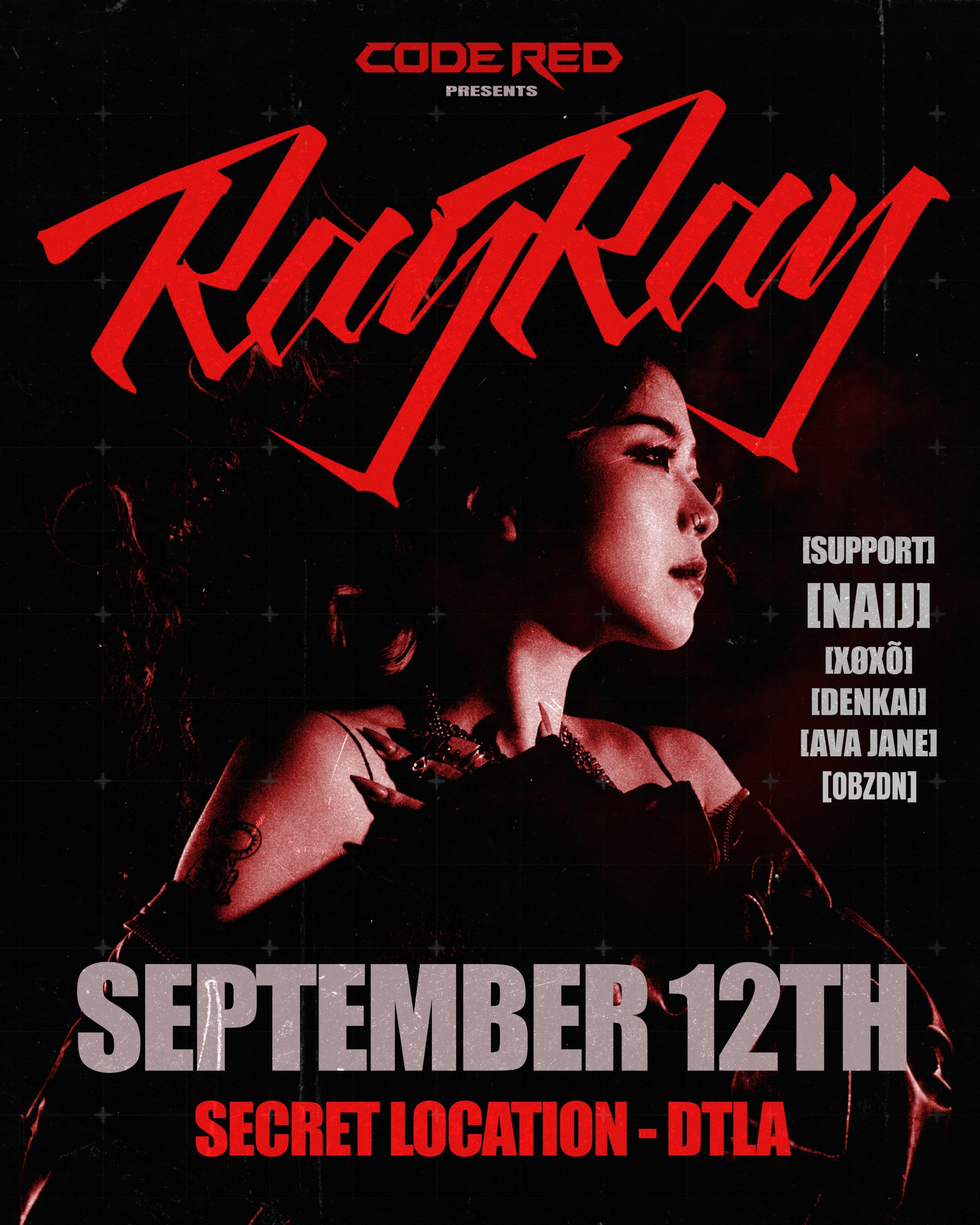 Black and red Code Red flyer featuring RayRay and five supporting DJs for September 12 in Downtown Los Angeles.