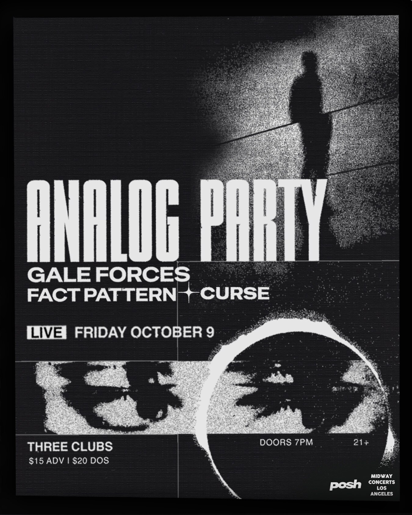 Black and white Analog Party concert flyer for Three Clubs