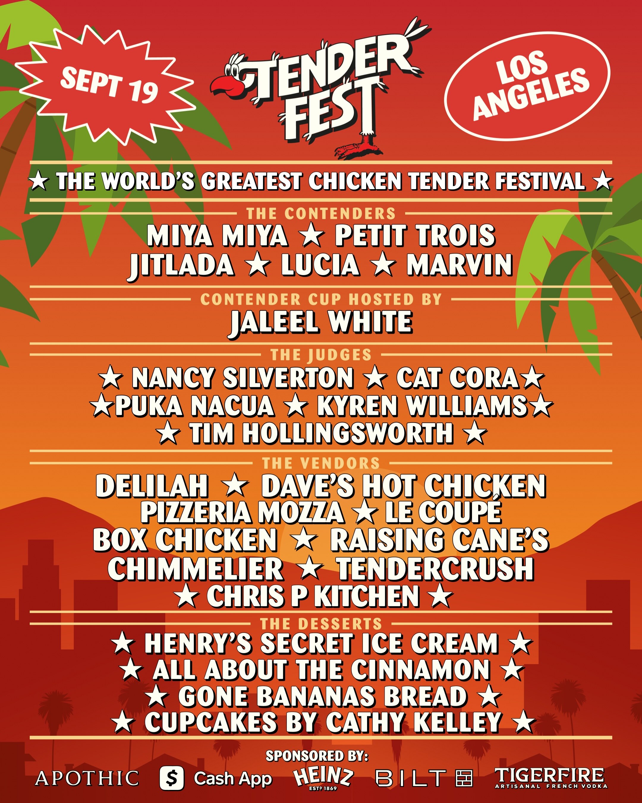 TenderFest Los Angeles September 19 flyer with contenders, judges, vendors and desserts