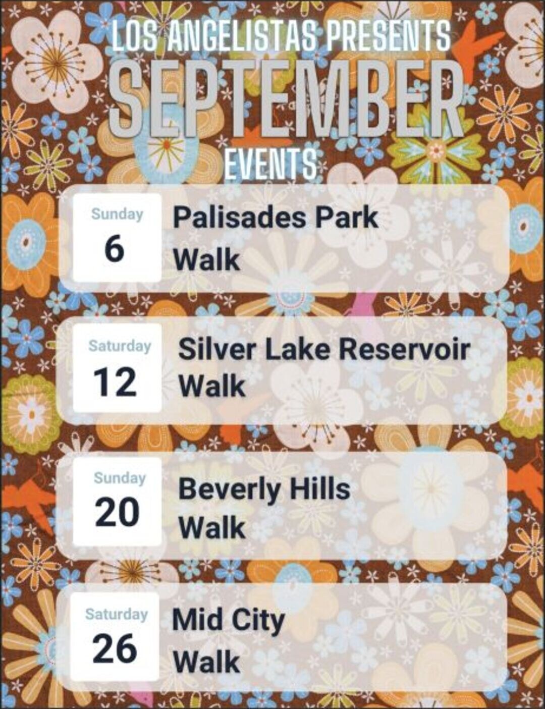 Los Angelistas September 2026 walk calendar
