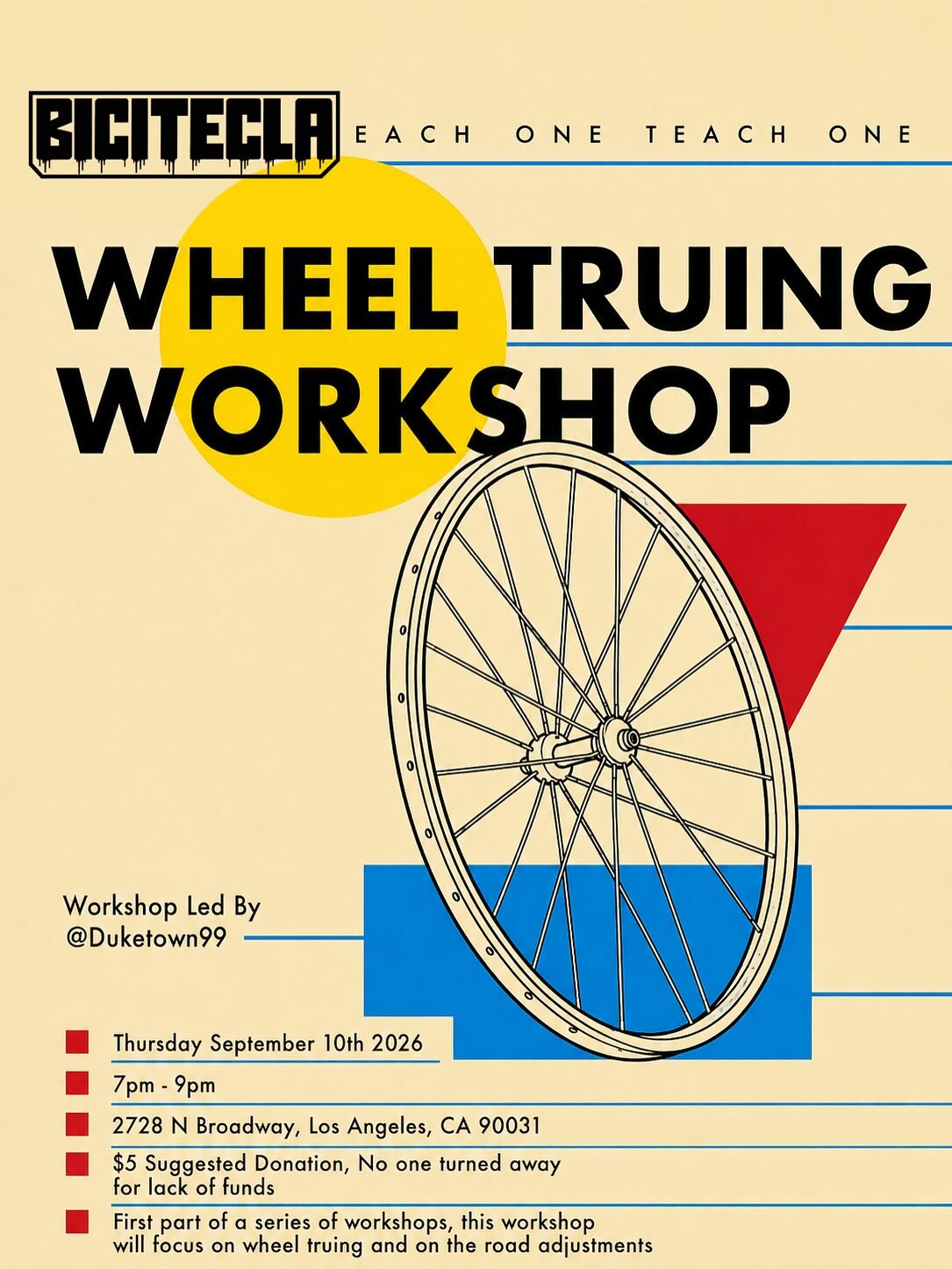 Wheel Truing Workshop flyer for September 10 at Bici Tec in Lincoln Heights