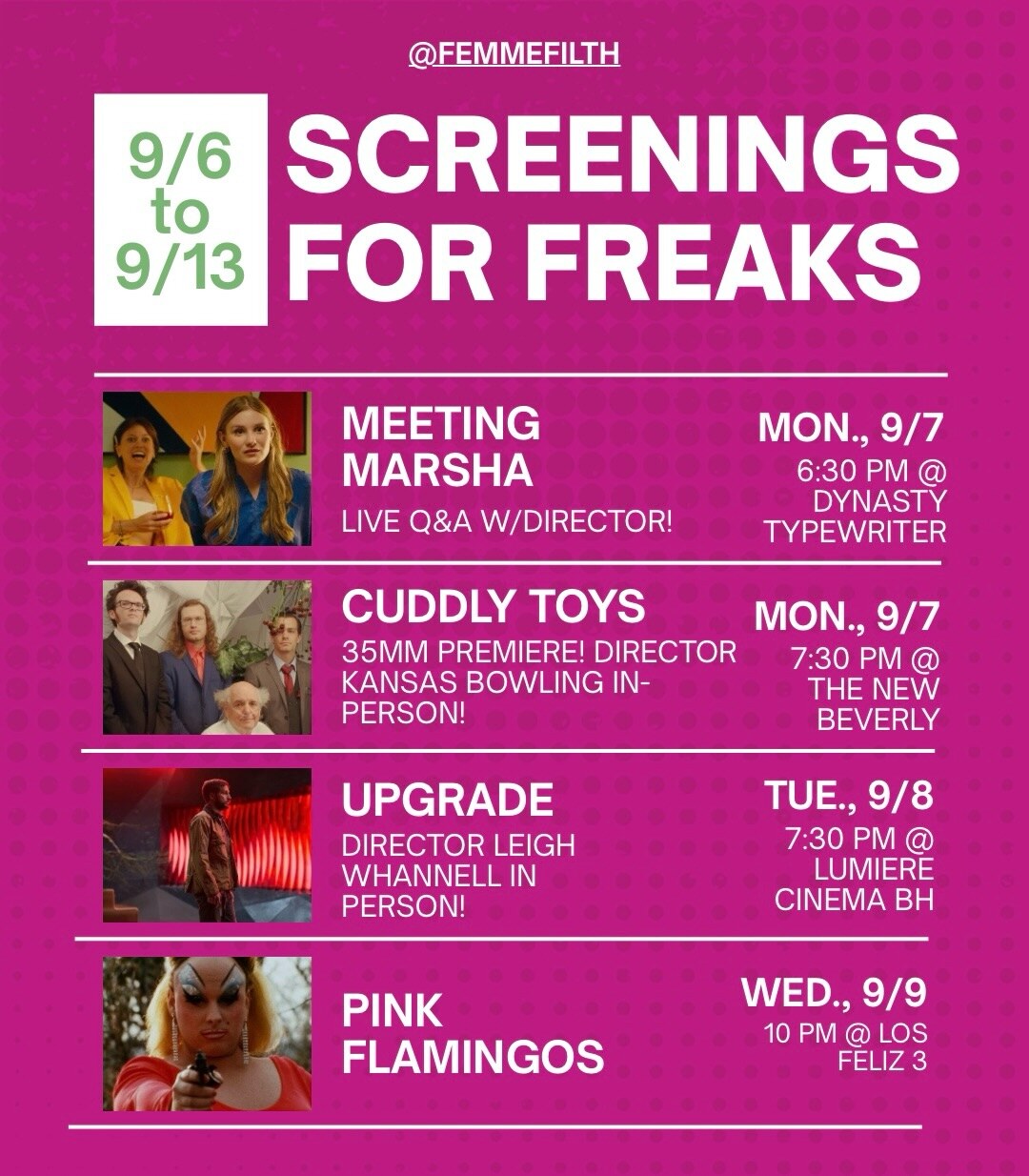 Pink Screenings for Freaks weekly film lineup