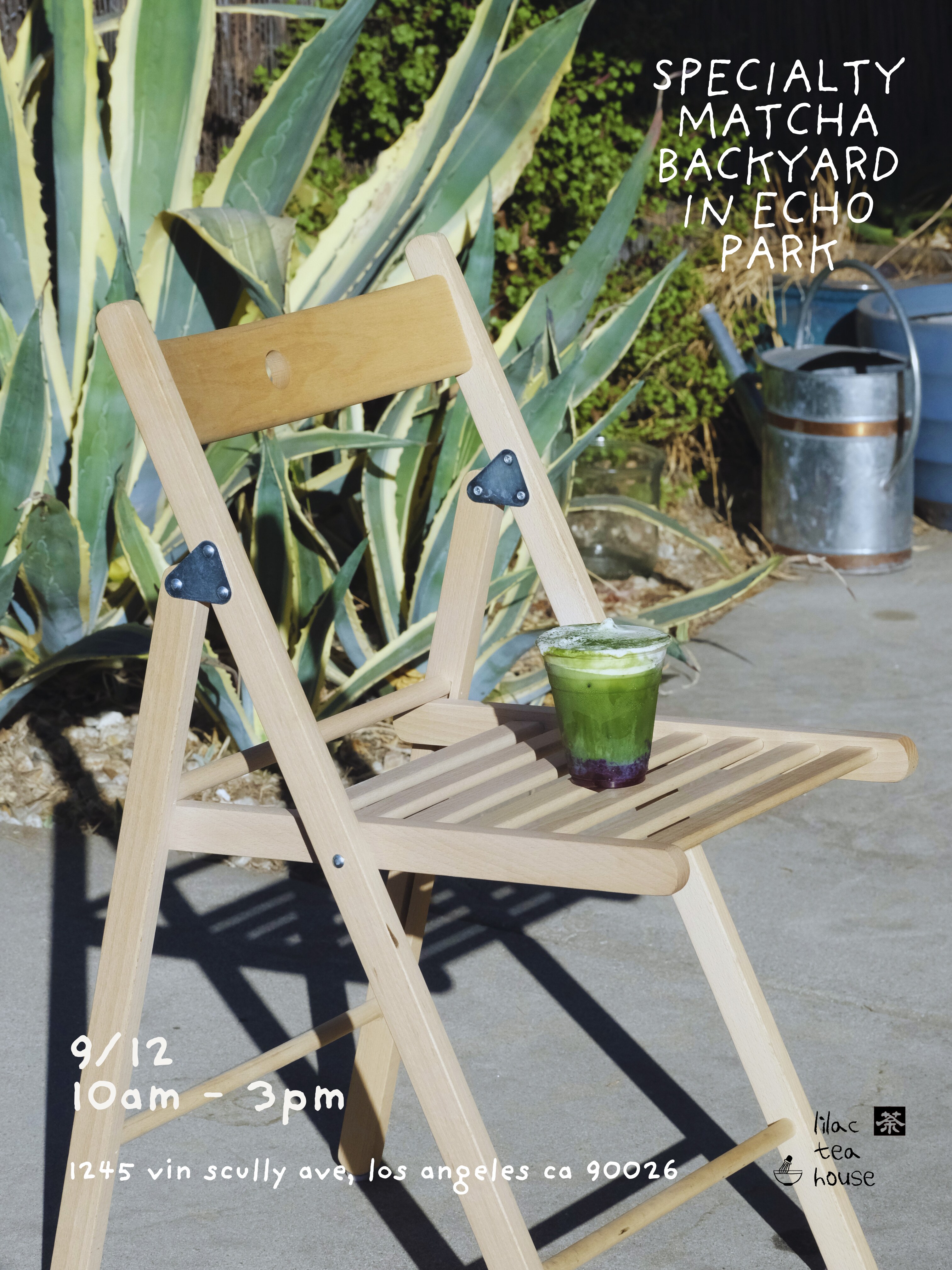 Lilac Tea House backyard matcha opening photograph with matcha beside a garden chair