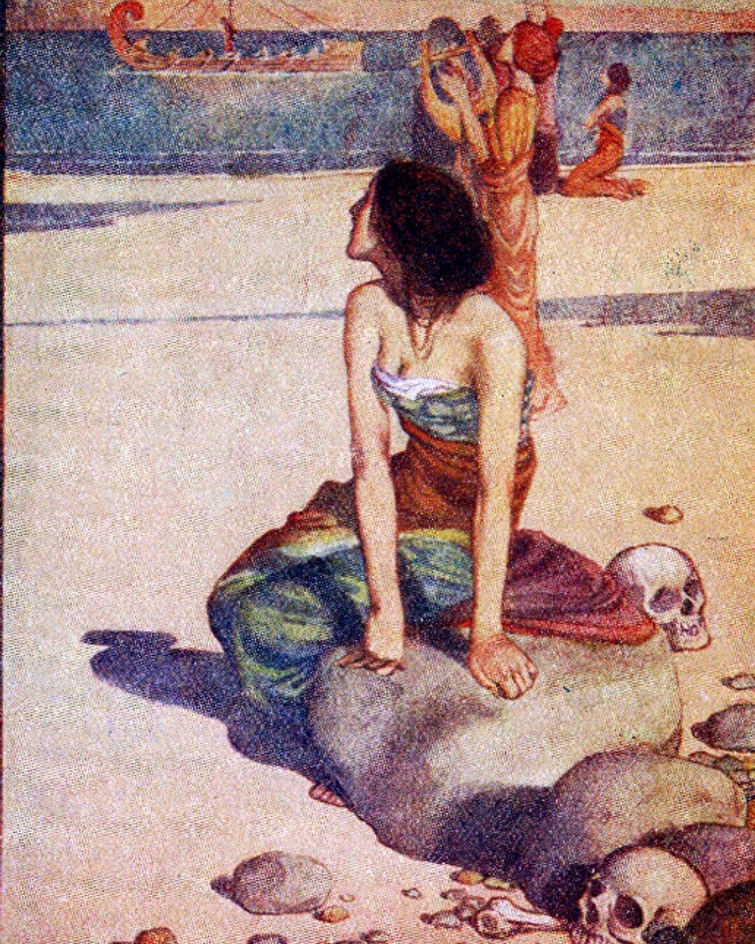 Vintage illustration of a siren seated on a rock by the sea for Christopher Marmolejo's PRS lecture.