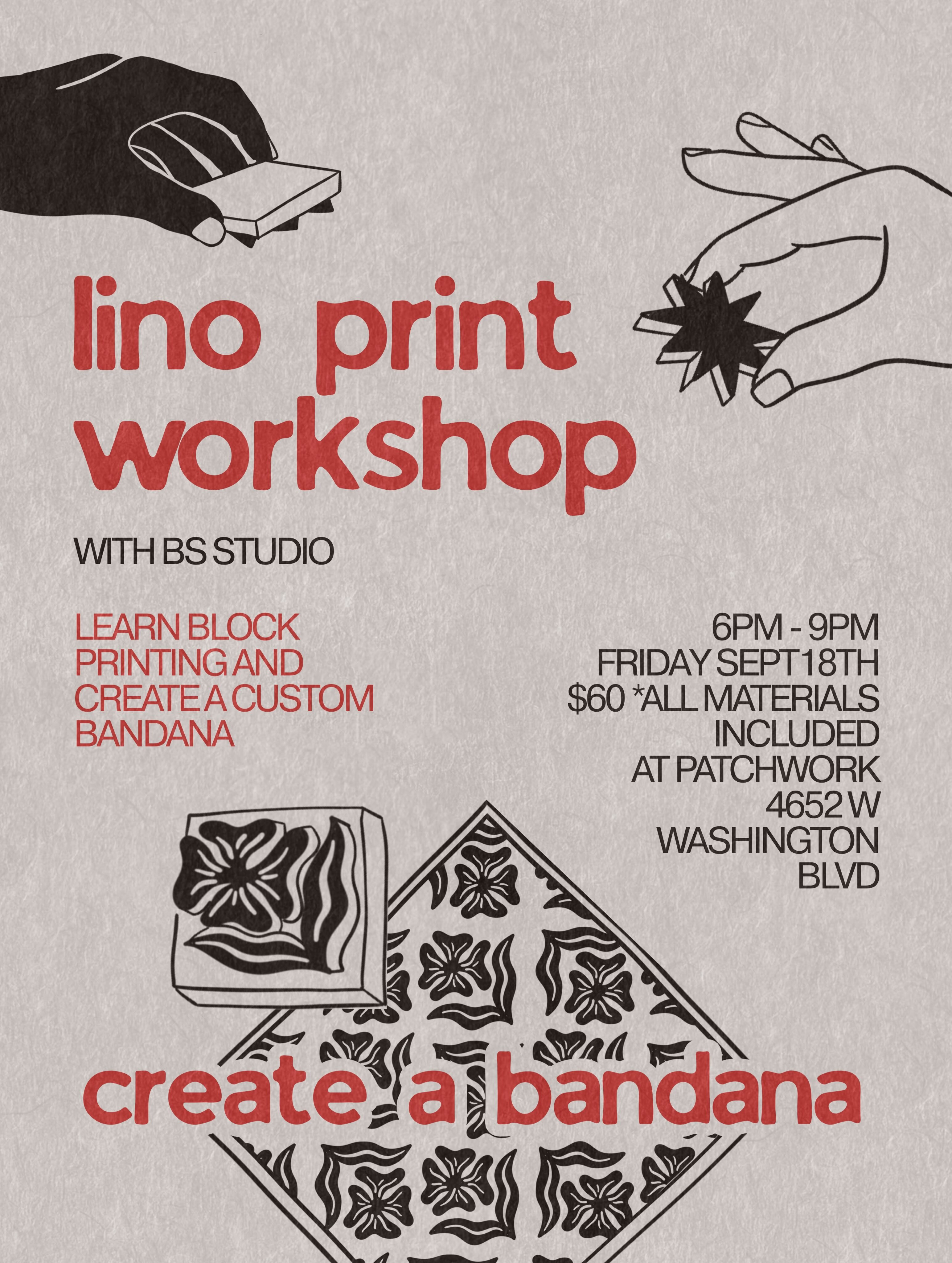 Black and red Lino Print Workshop flyer for creating a bandana on September 18