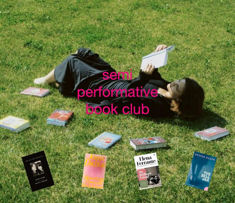 Semi Performative Book Club photo with books spread across a lawn.