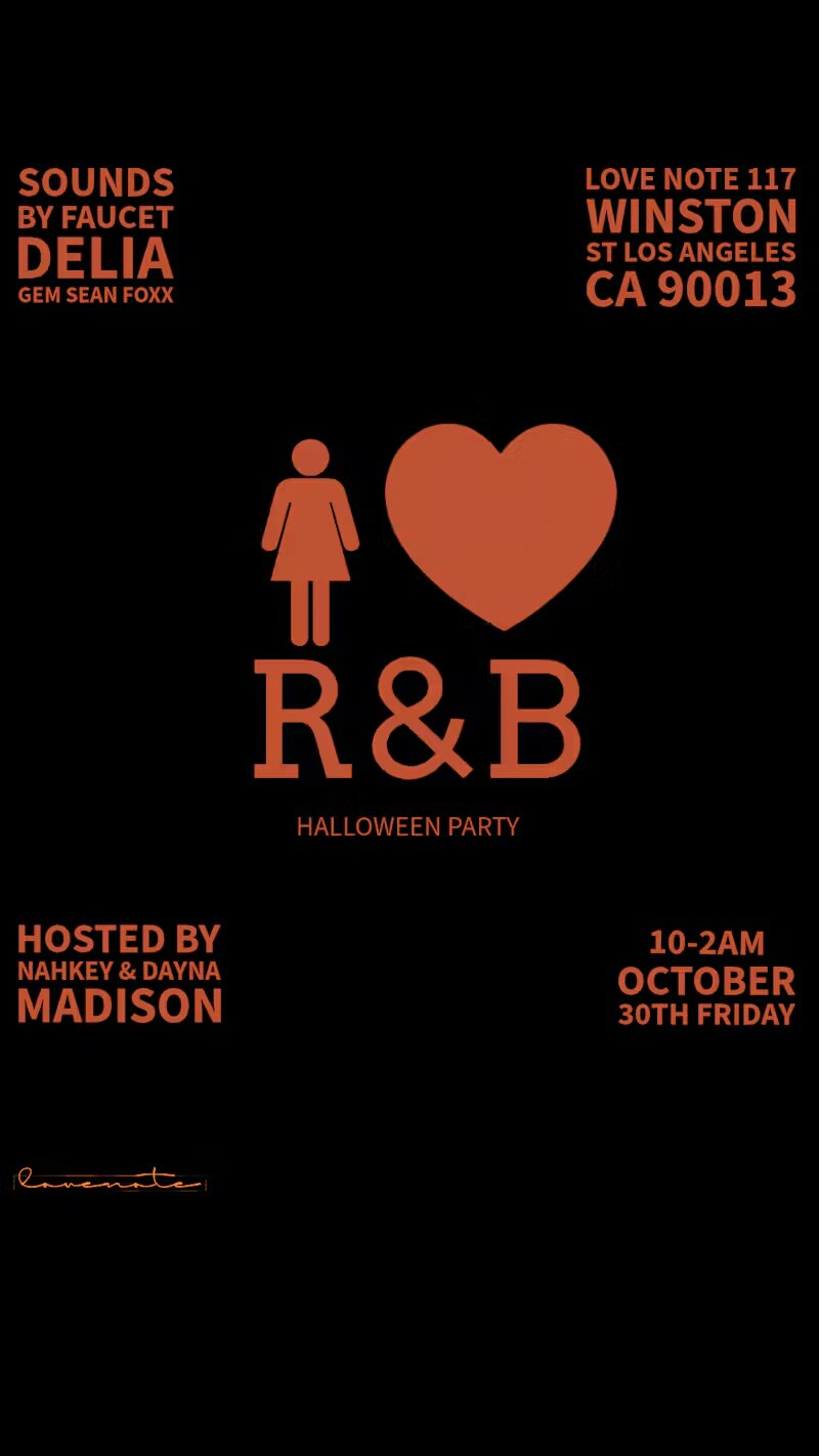 Girls Love R&B Halloween Party flyer listing the DJs, hosts, date and Lovenote address