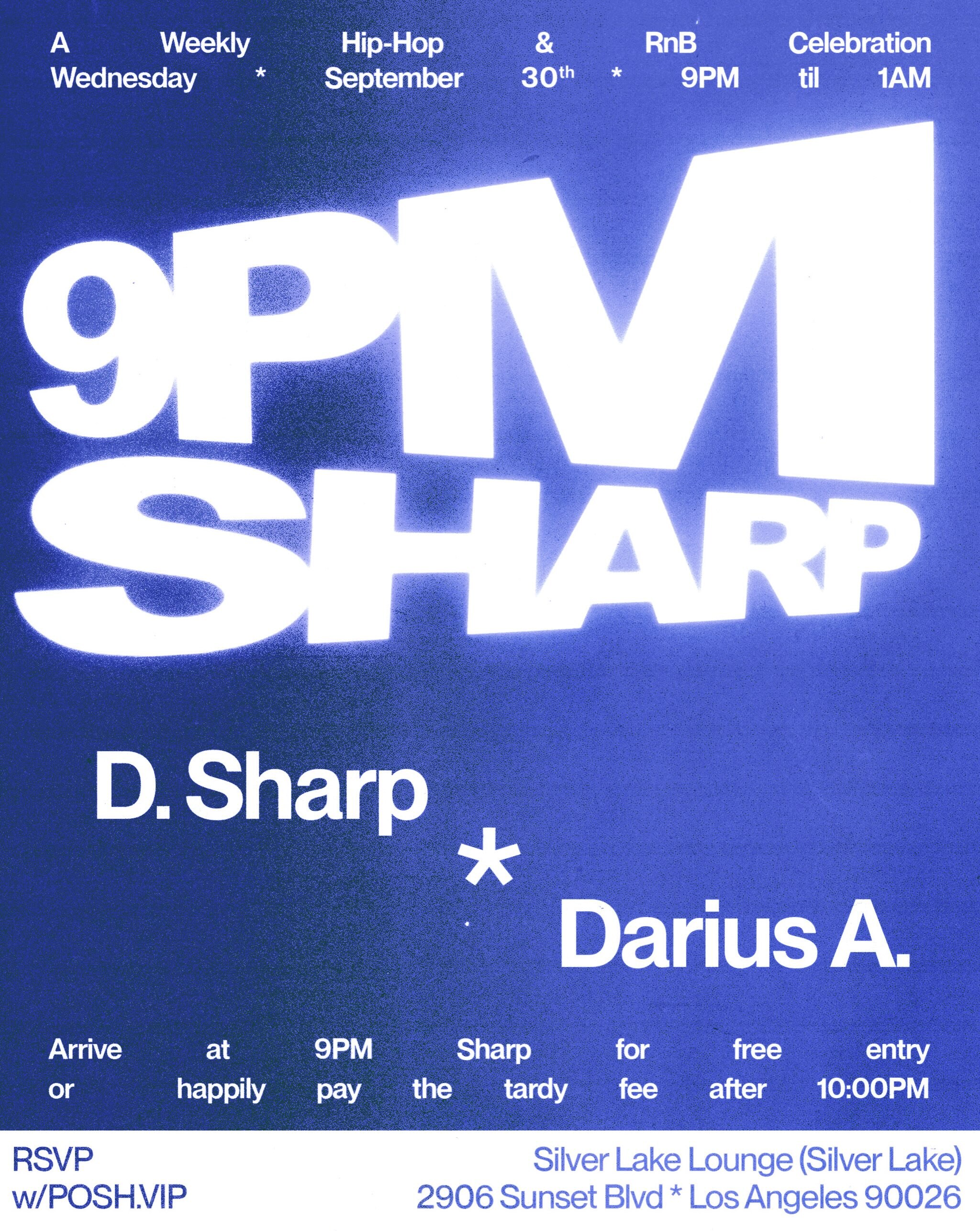 9PM Sharp flyer announcing the free weekly Wednesday party at Silverlake Lounge.