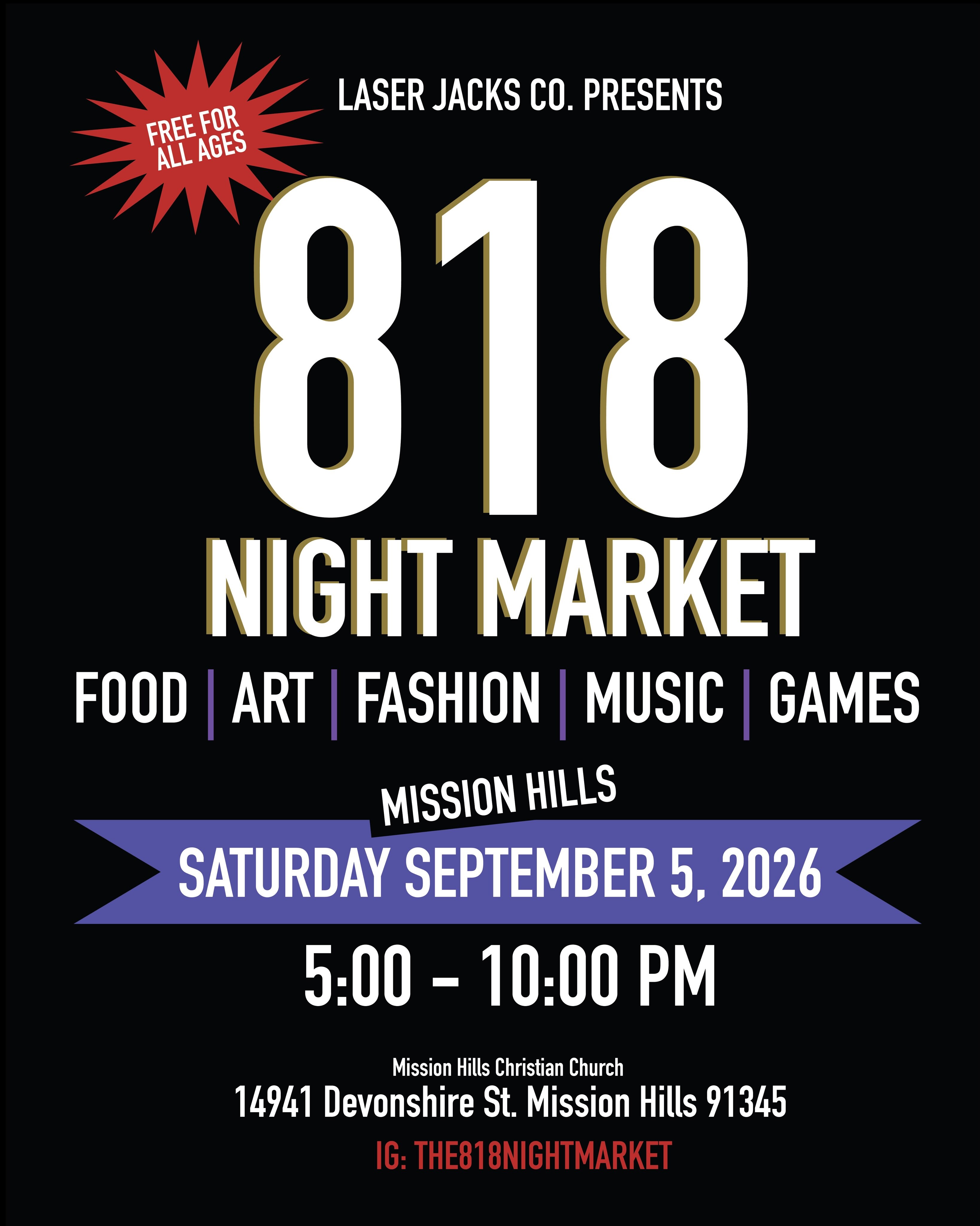 818 Night Market flyer: Saturday September 5, 2026, 5–10 PM, free for all ages at Mission Hills Christian Church, presented by Laser Jacks Co.