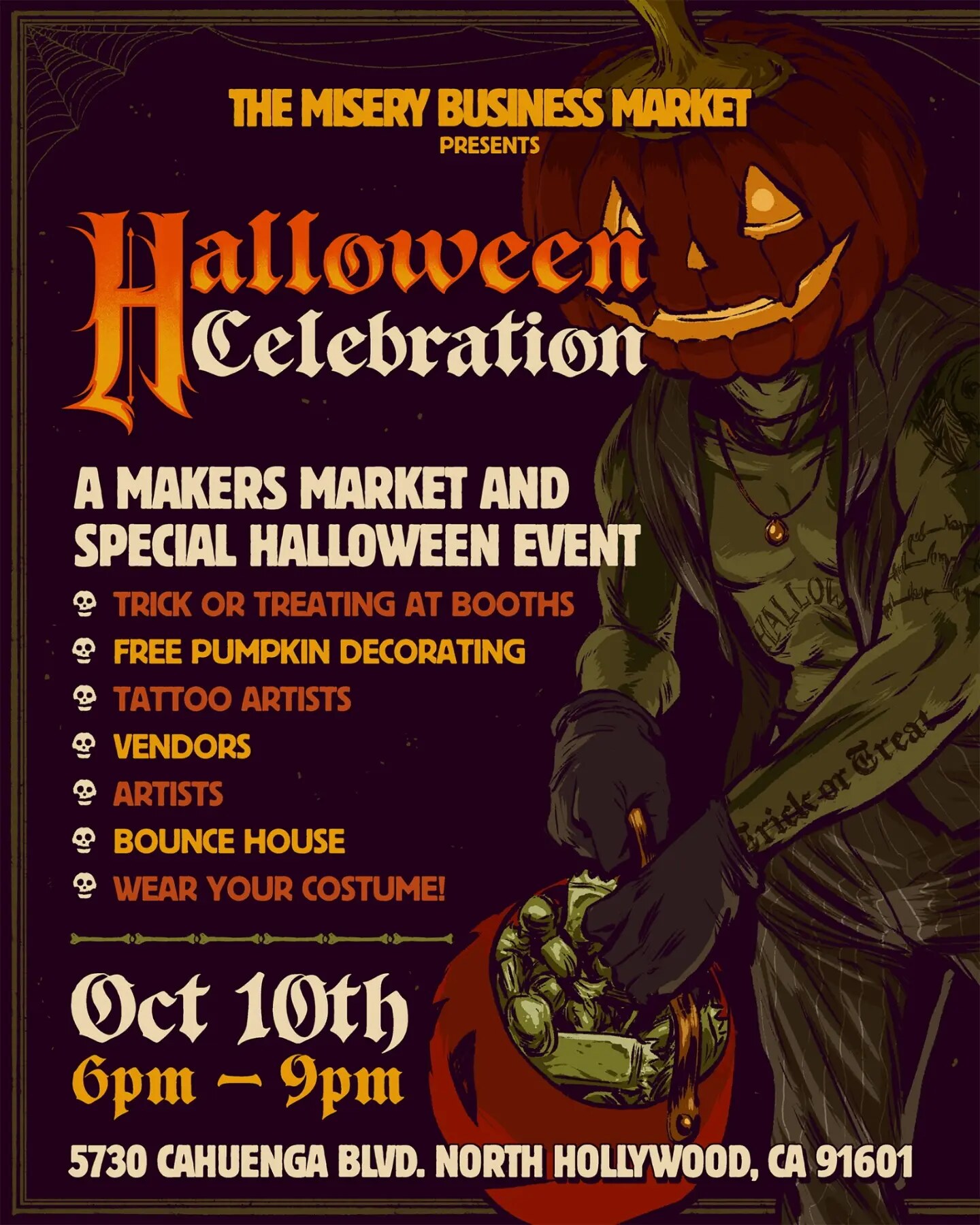 Misery Business Market Halloween Celebration flyer with pumpkin decorating, tattoos and bounce house details.