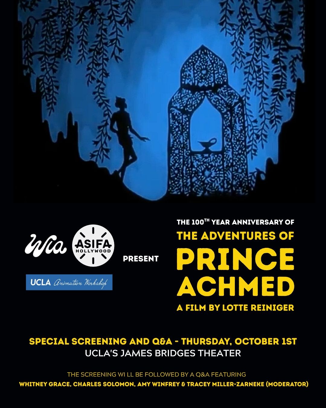 The Adventures of Prince Achmed 100th anniversary special screening and Q&A flyer for October 1 at UCLA James Bridges Theater.