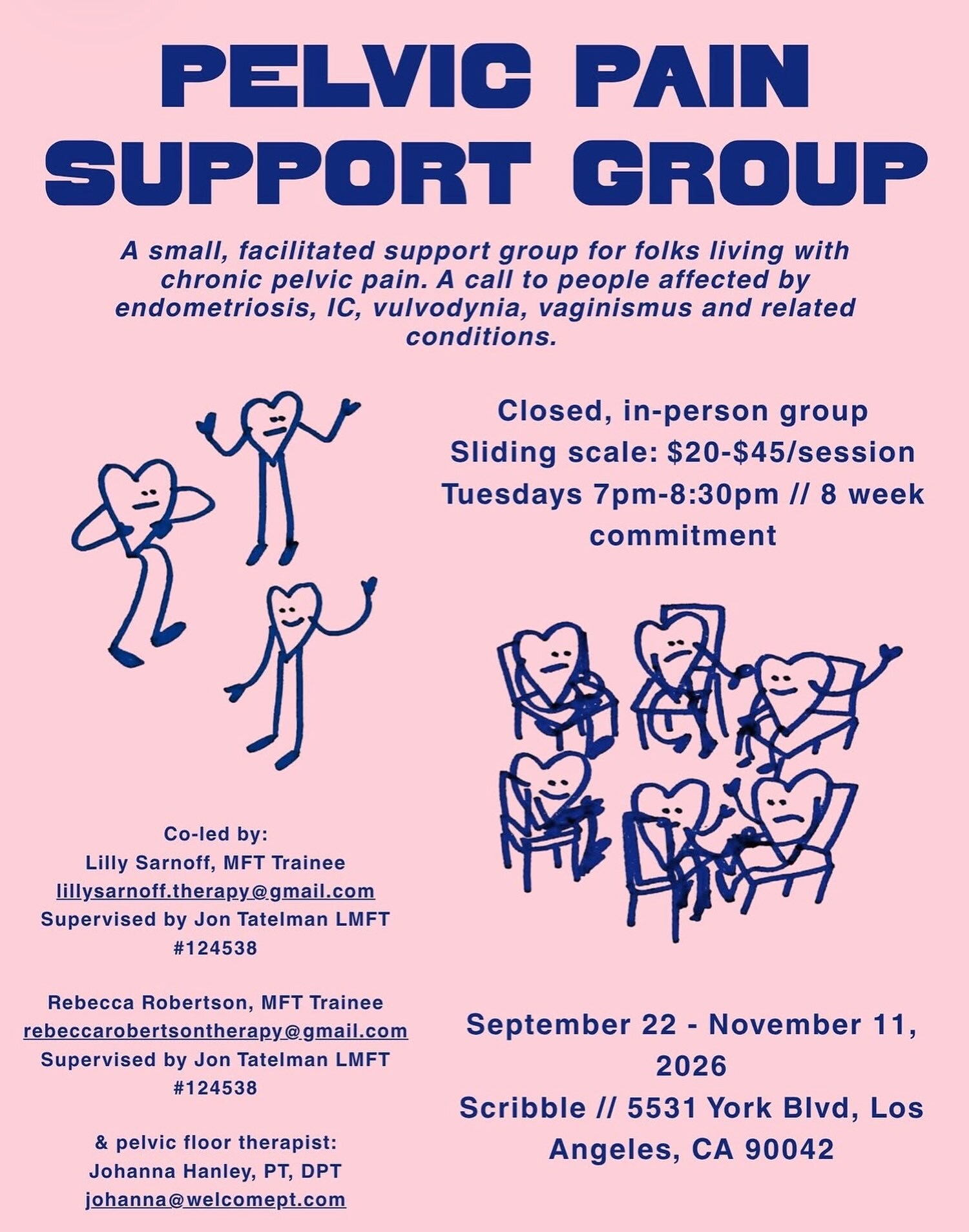 Pelvic Pain Support Group flyer with Tuesday dates, 7–8:30 PM, sliding-scale pricing and Scribble Counseling Center address.