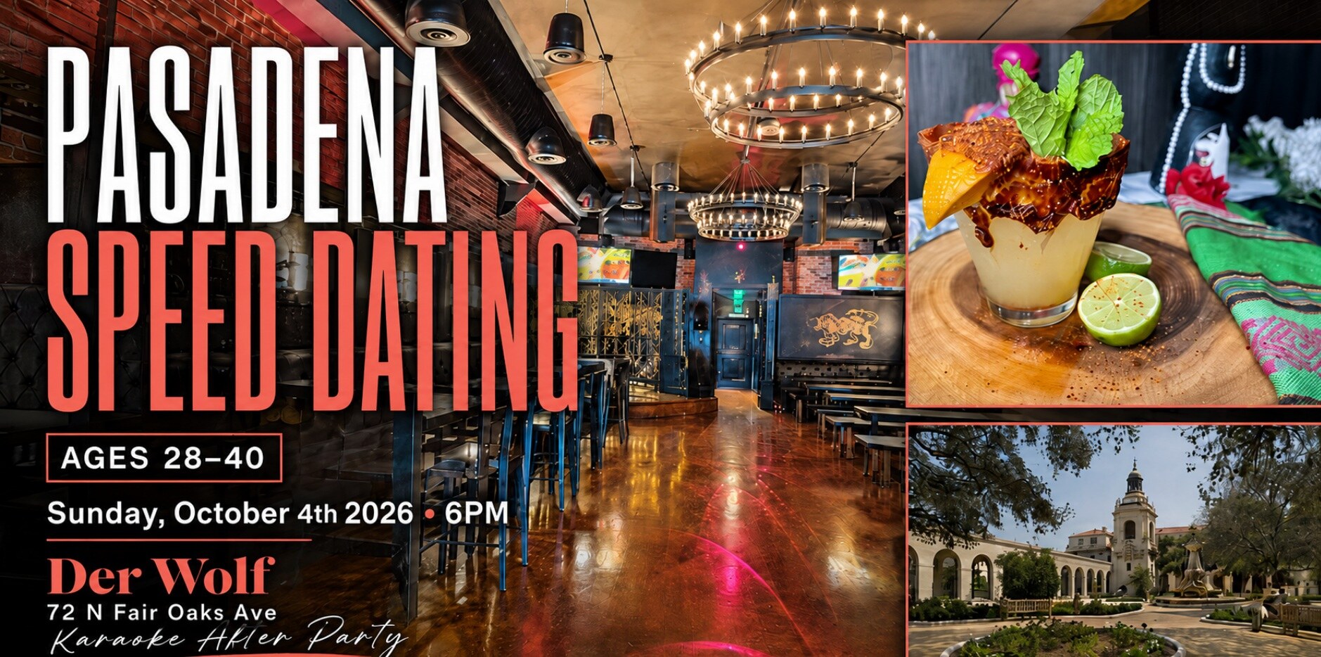 Pasadena | San Gabriel Valley Speed Dating (Ages 28-40) event artwork from Los Angeles Fun Events.
