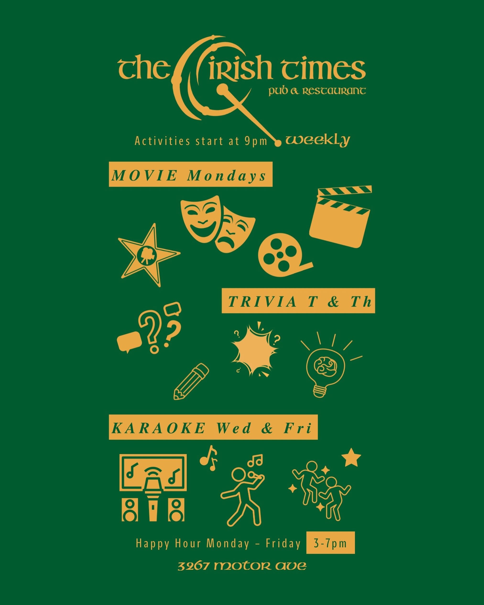 Irish Times weekly activities flyer listing Wednesday and Friday karaoke