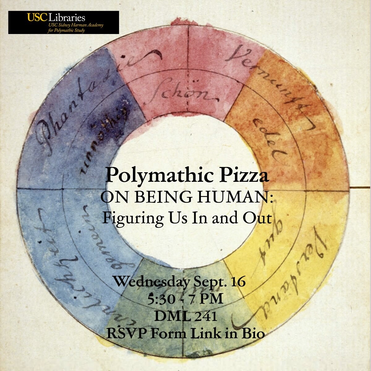 Circular historical diagram flyer for USC's Polymathic Pizza: On Being Human discussion on September 16.