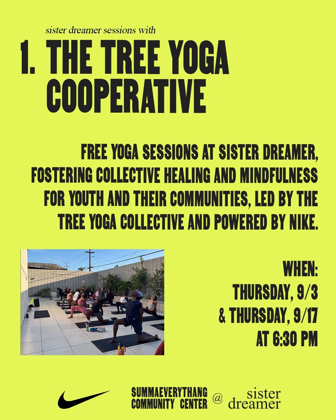 Tree Yoga Cooperative free yoga flyer for September 17 at sister dreamer