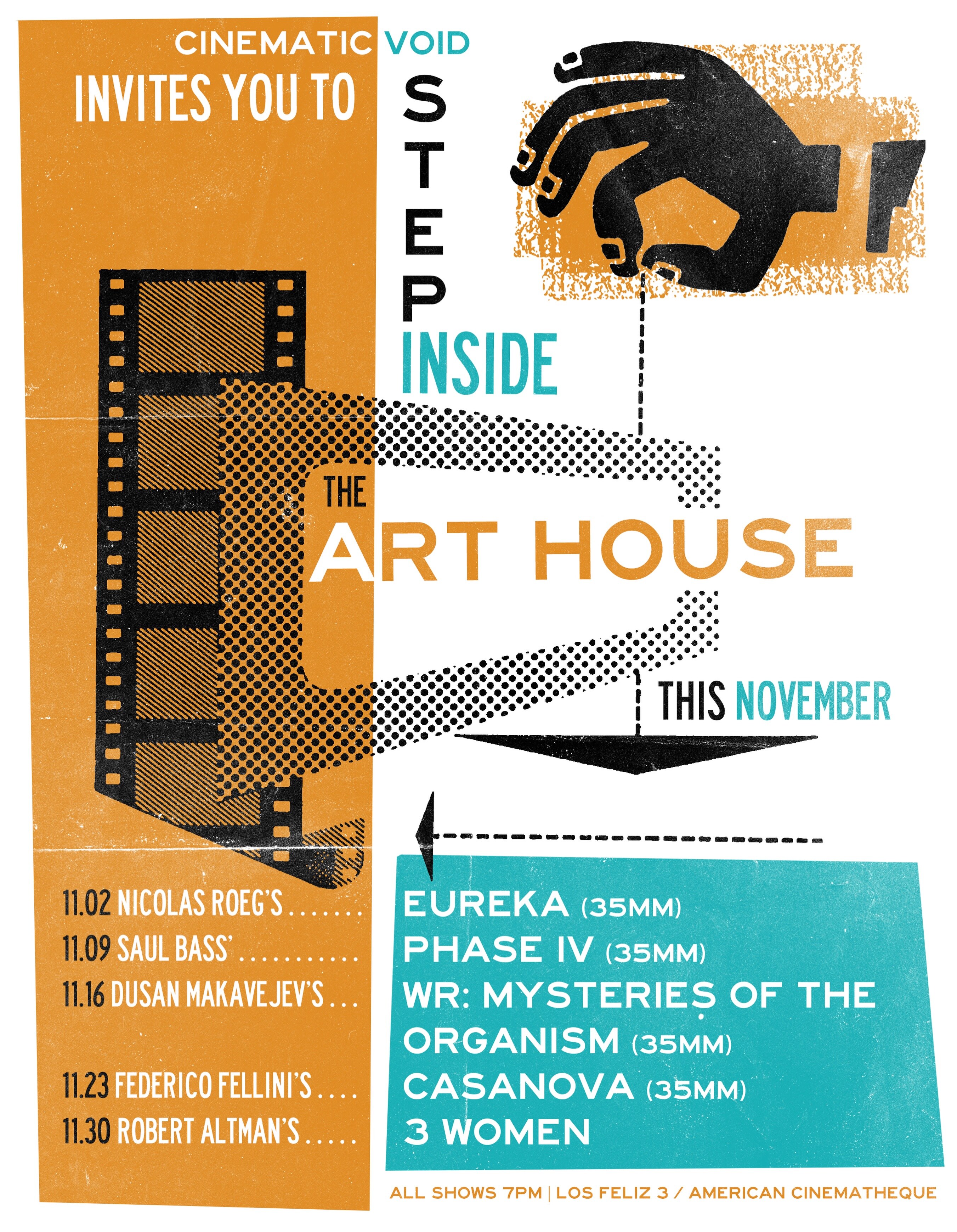 Cinematic Void's Art House November poster listing five Monday screenings at Los Feliz 3.