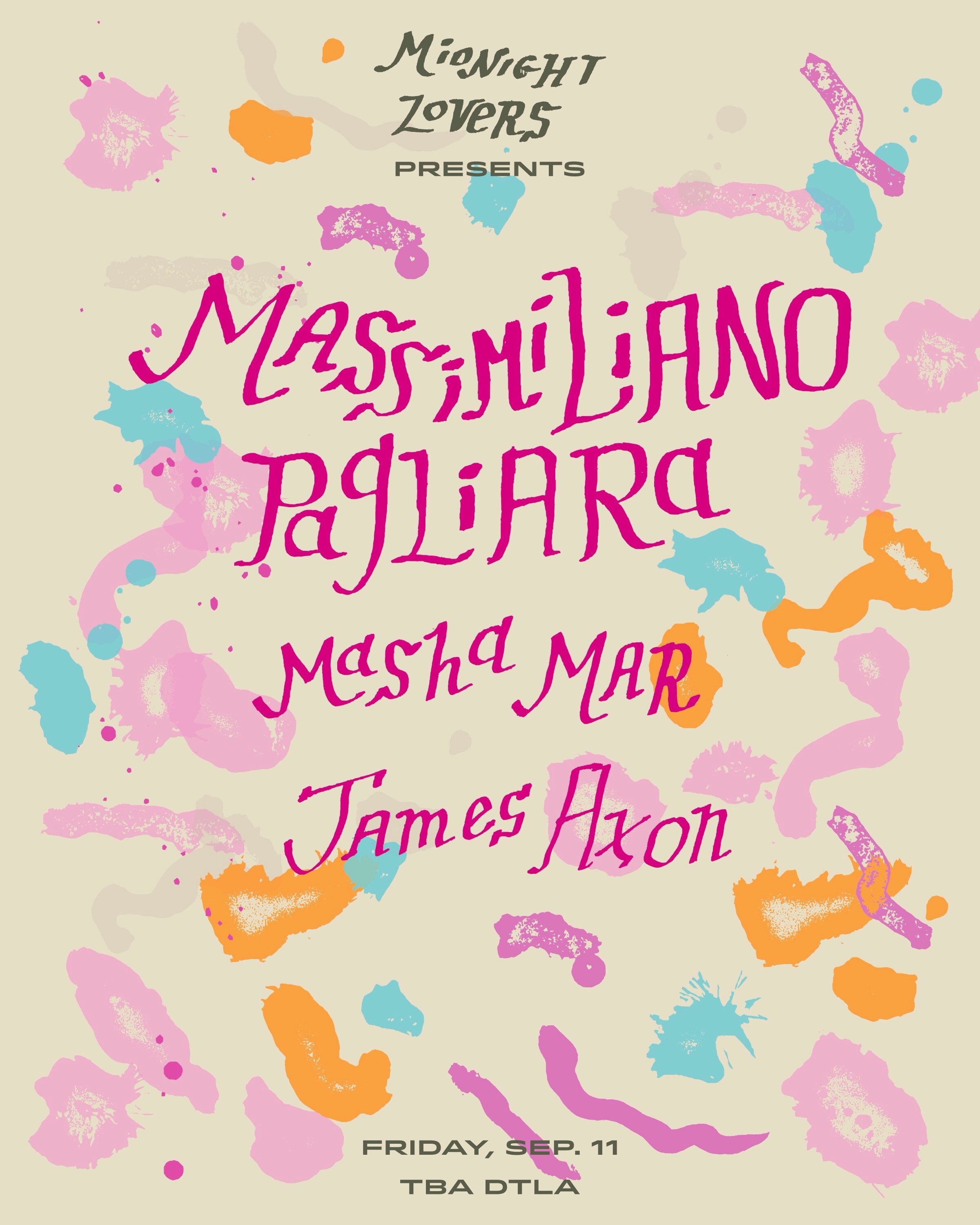 Pastel Midnight Lovers flyer naming Massimiliano Pagliara, Masha Mar and James Axon for September 11