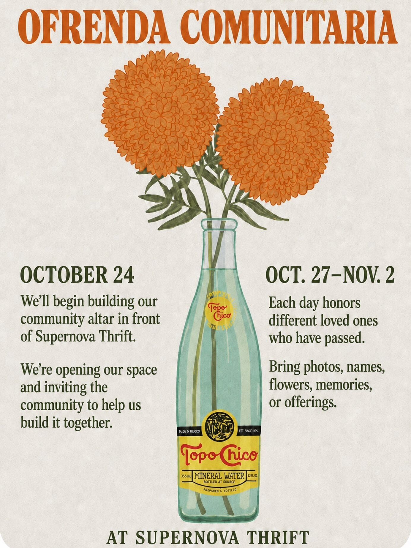 Community Ofrenda flyer with October 24 altar-building day and October 27–November 2 remembrance schedule at Supernova Thrift