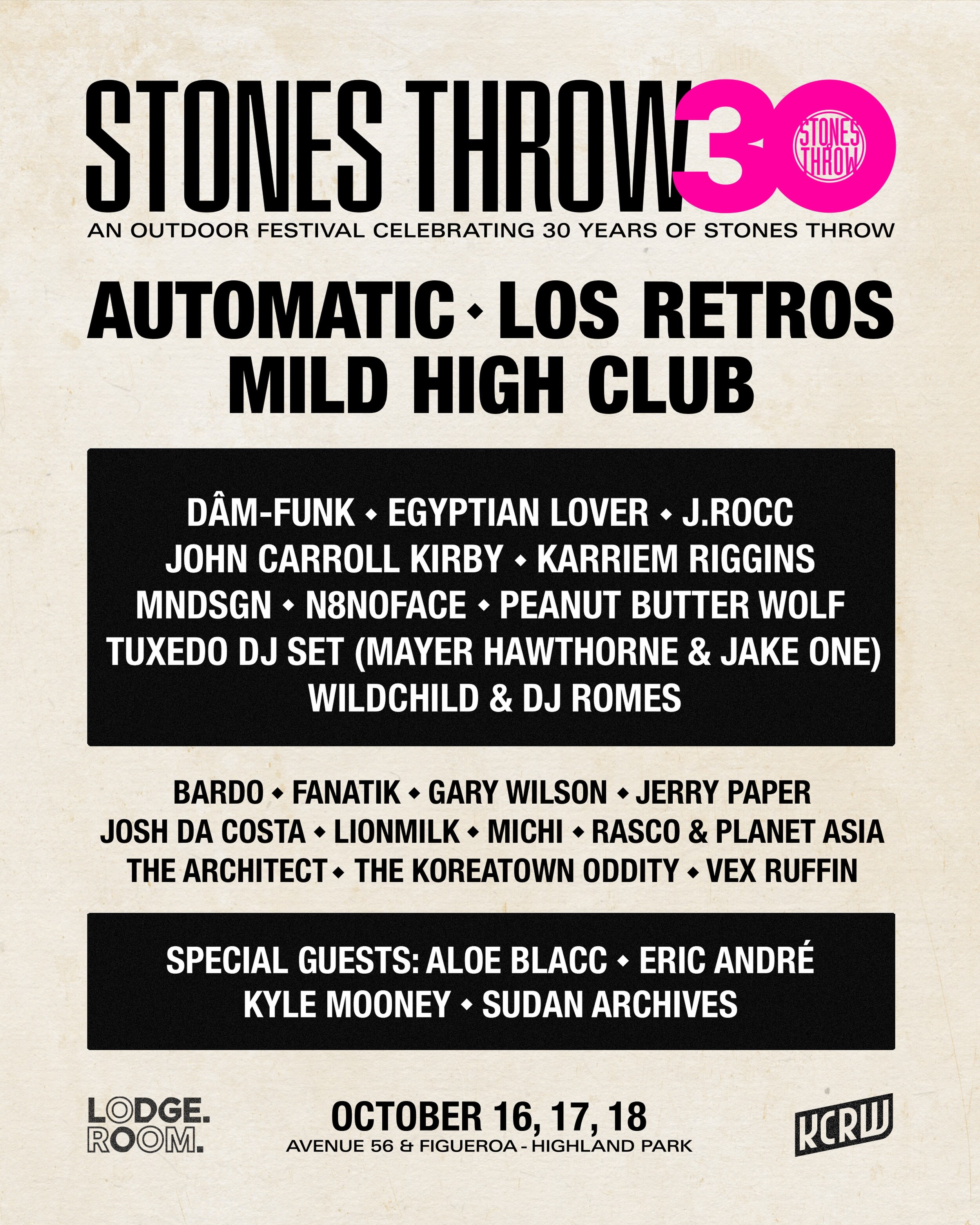 Stones Throw 30 outdoor festival lineup for October 16 through 18 in Highland Park