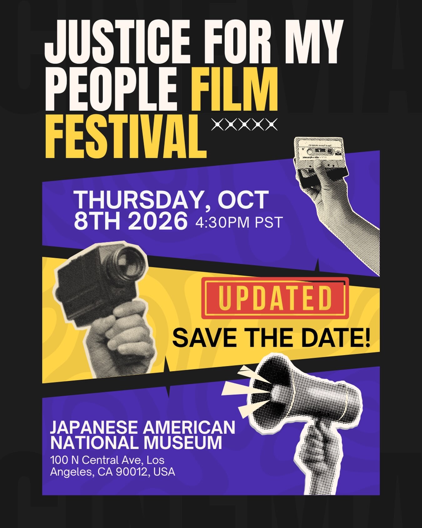 Justice for My People Film Festival flyer with microphones and a vintage television