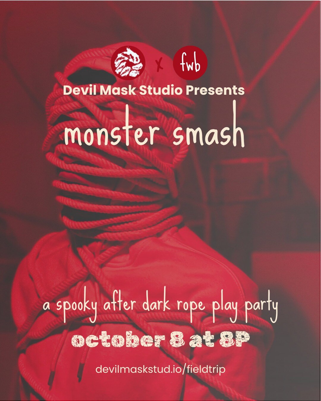 Red Monster Smash flyer for October 8 at 8pm, presented by Devil Mask Studio and fwb