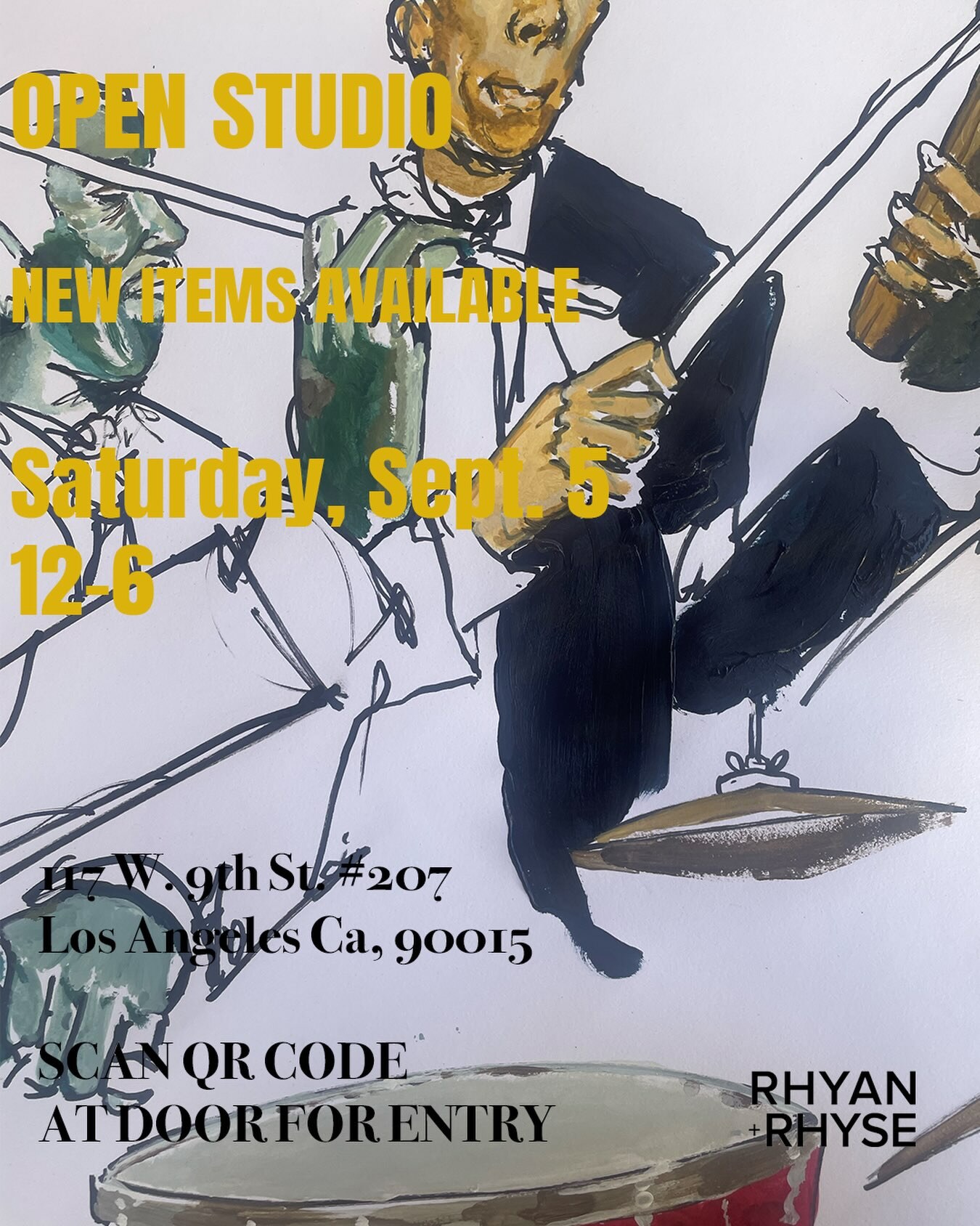Rhyan and Rhyse open studio flyer for September 5 with art by Phillip R. Okonma.