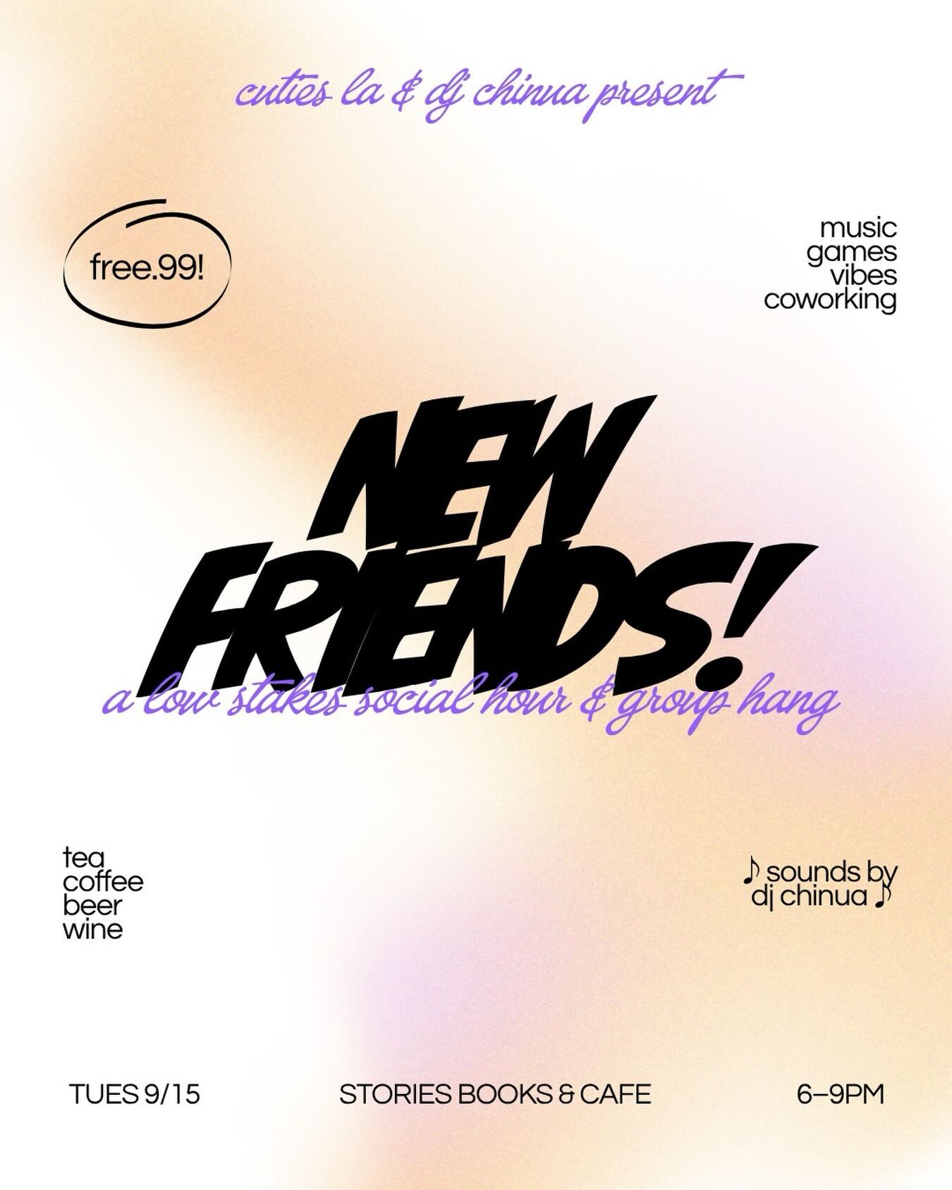 New Friends social hour flyer for September 15 at Stories Books & Cafe