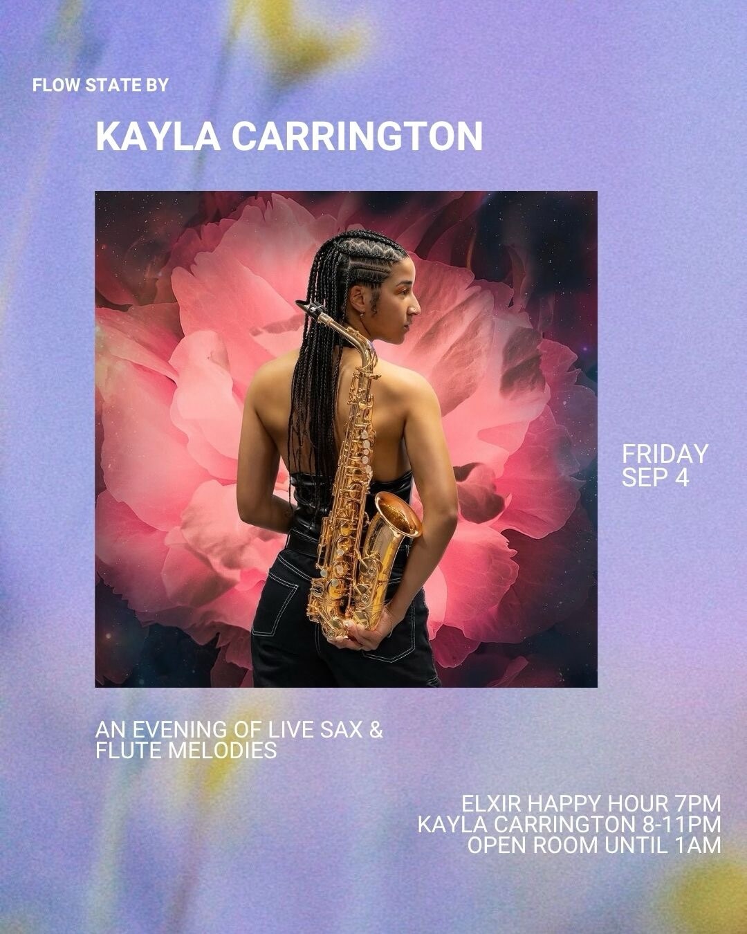 Purple Jai Tea Loft flyer for live saxophone and flute by Kayla Carrington.