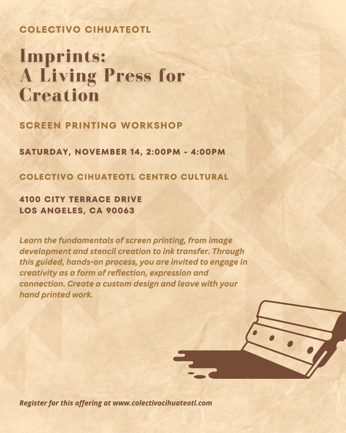 Orange and blue Imprints screen-printing workshop flyer with Jimmy Saldivar and November 14 details.