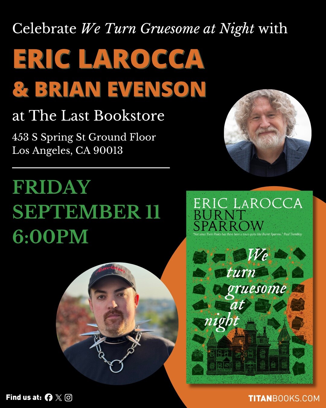 We Turn Gruesome at Night event flyer with Eric LaRocca and Brian Evenson