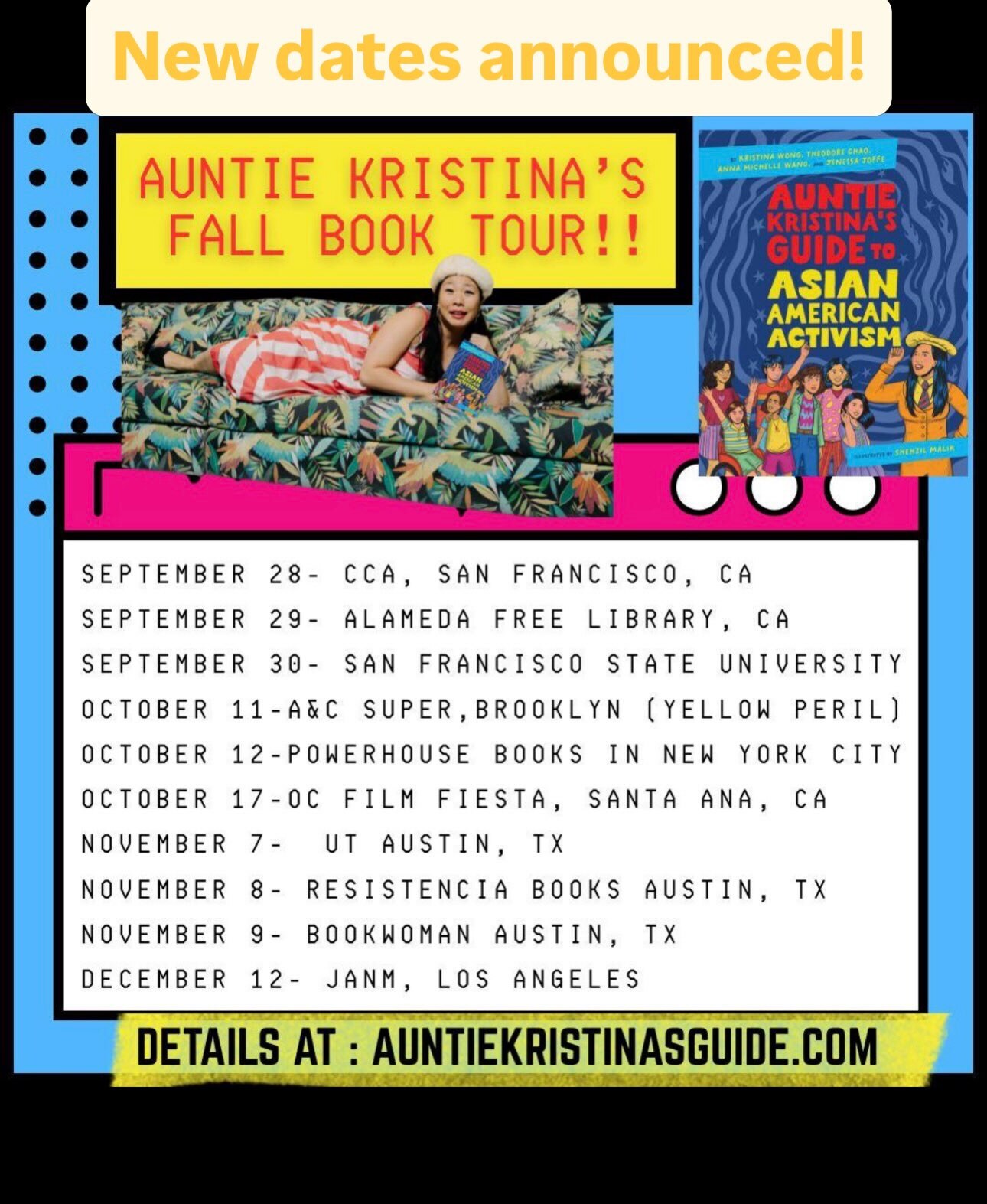 Auntie Kristina's Fall Book Tour flyer listing the December 12 stop at JANM in Los Angeles.