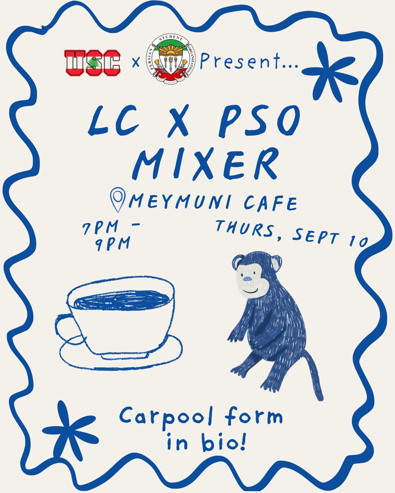 Blue and cream flyer for the LC and PSO mixer at Meymuni Cafe
