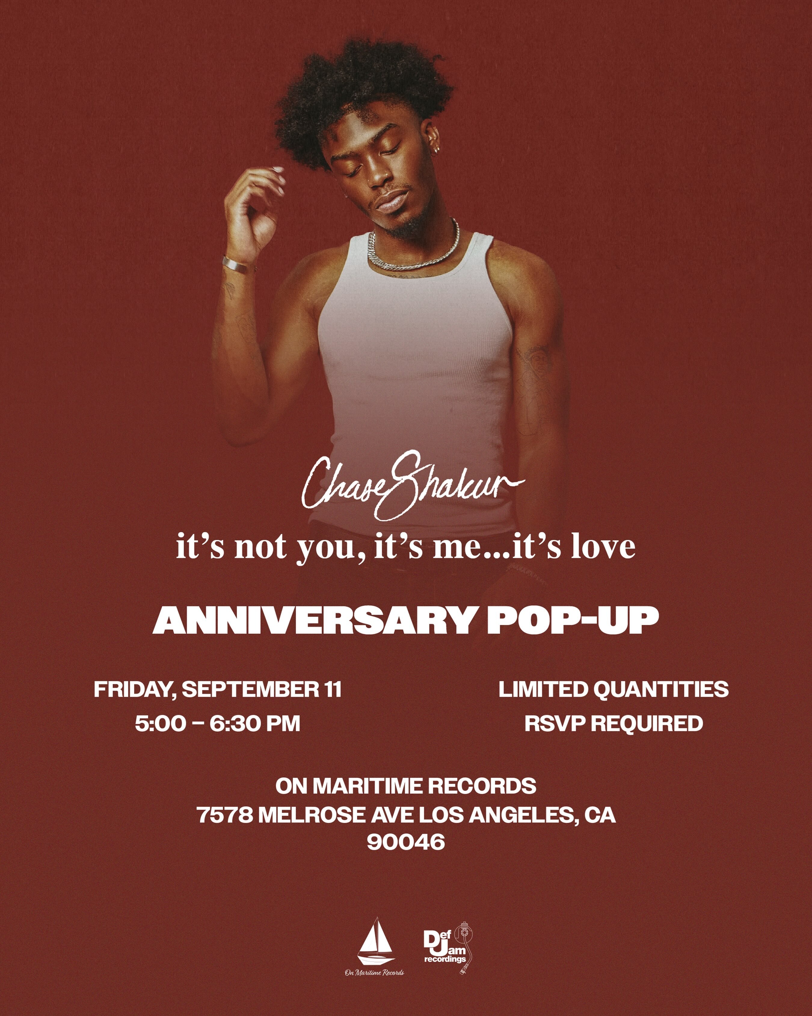 Brown Chase Shakur anniversary pop-up flyer with September 11 signing details at On Maritime Records.