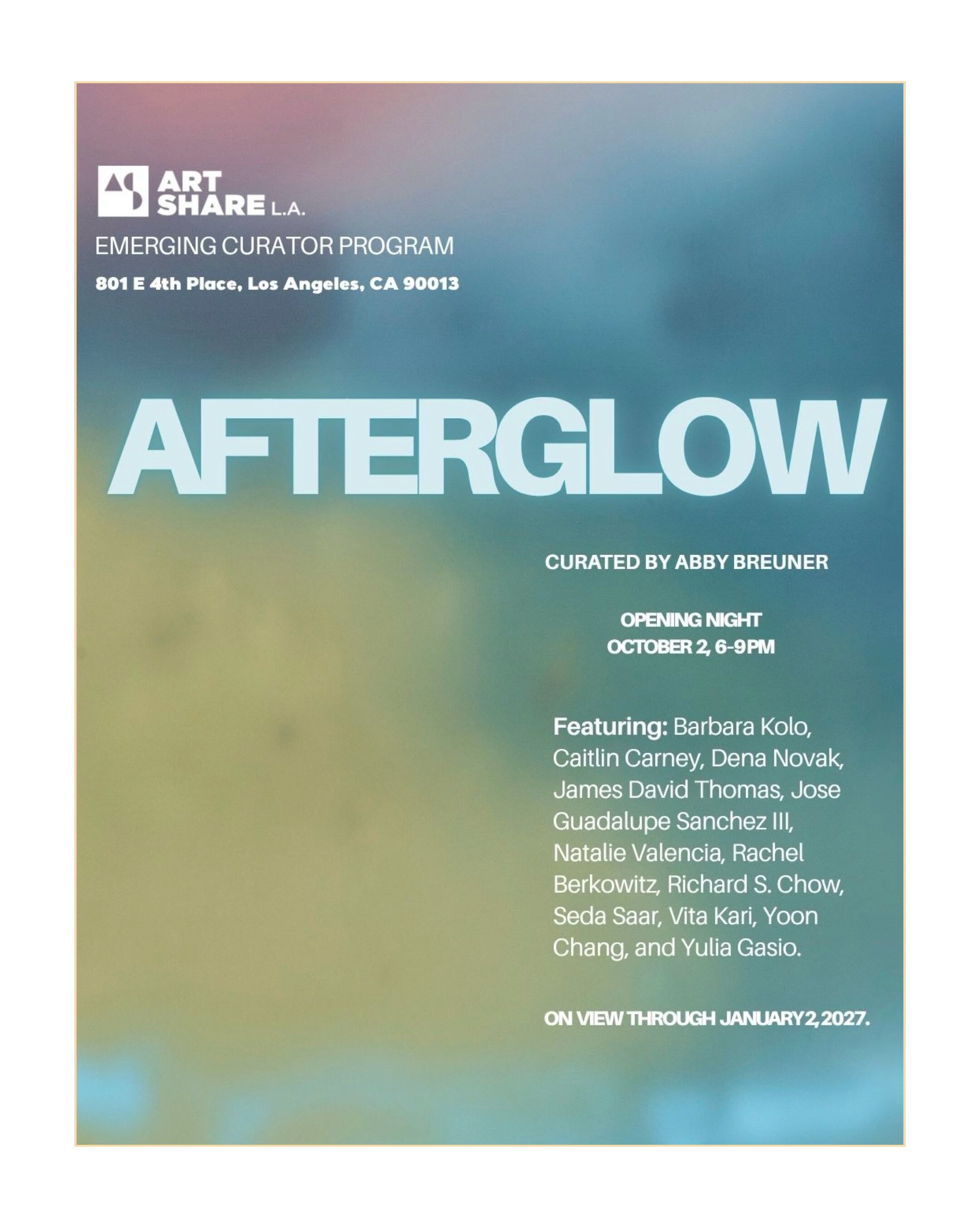 Afterglow exhibition flyer with opening night October 2 and on-view dates through January 2.