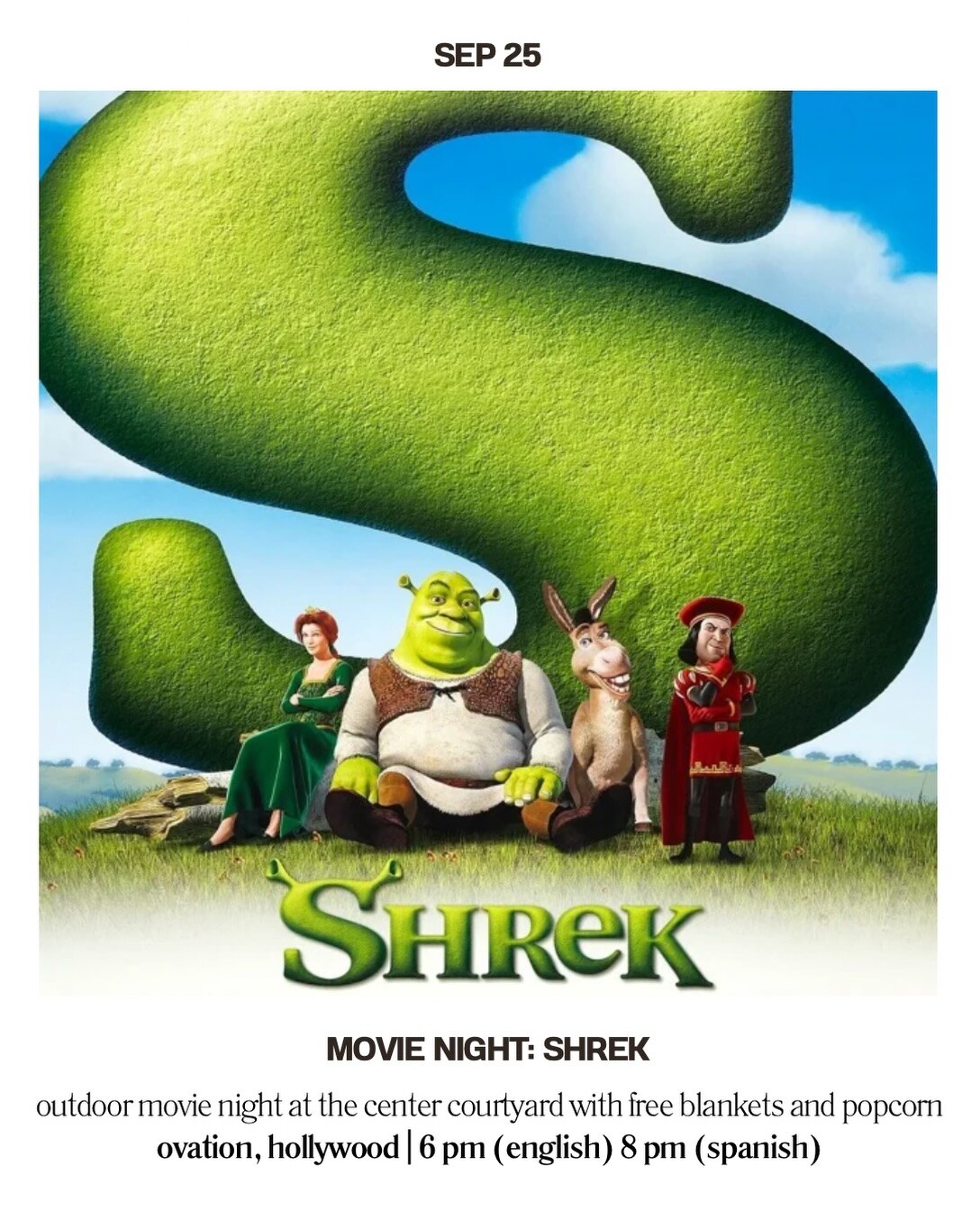 Shrek movie night card with English and Spanish screening times.