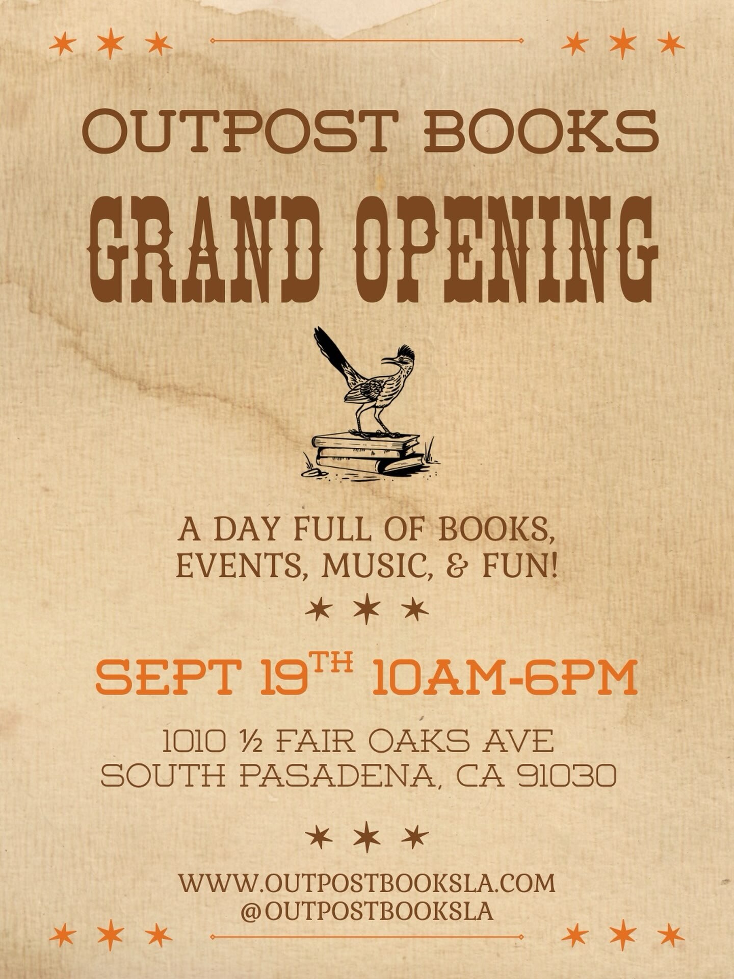 Outpost Books grand opening flyer for September 19