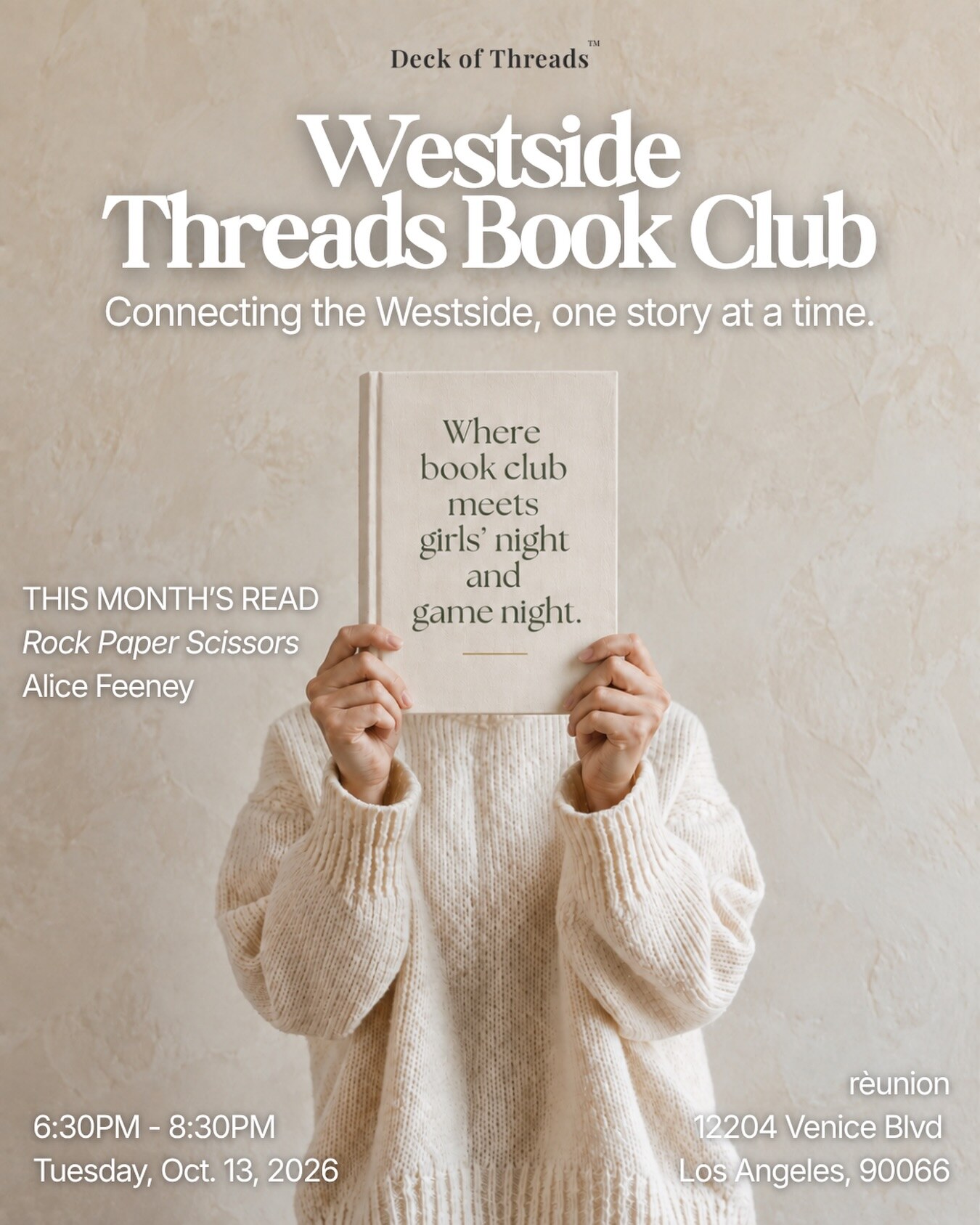 Westside Threads Book Club flyer for Rock Paper Scissors at reunion