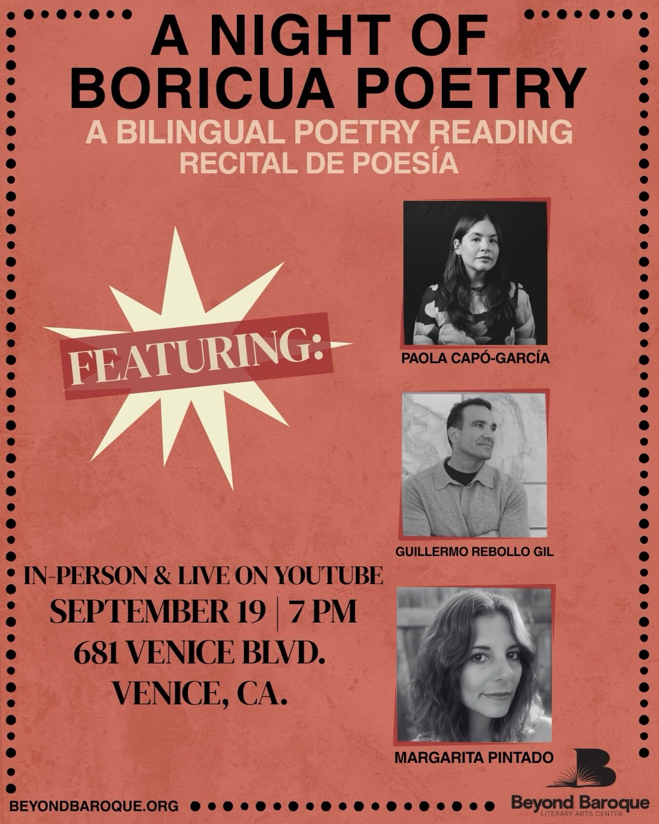 Boricua Poetry Night flyer featuring three poets