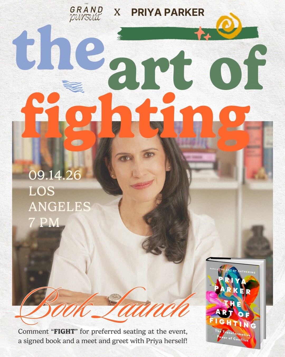 The Art of Fighting book launch flyer with Priya Parker and Elaine Welteroth at Colburn School