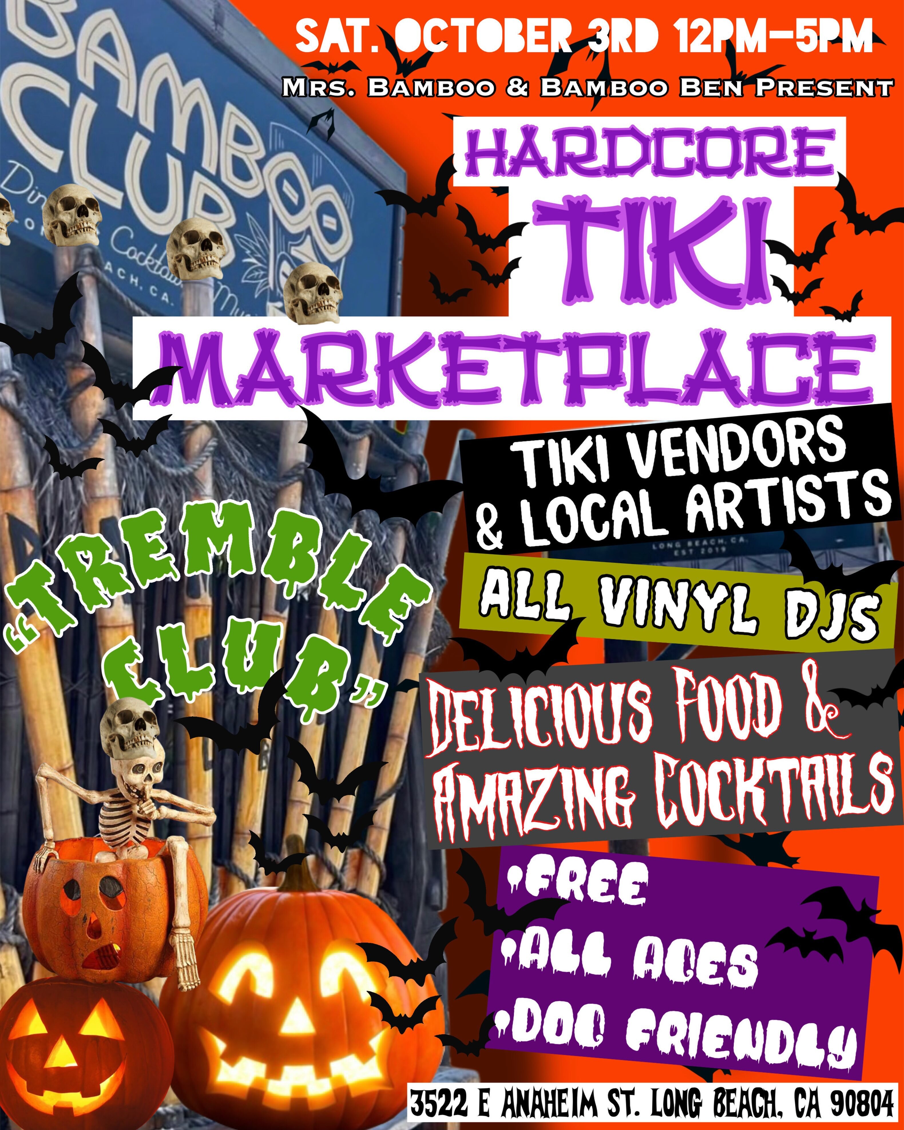 Hardcore Tiki Marketplace October flyer with spooky tiki artwork and the October 3 Bamboo Club details.