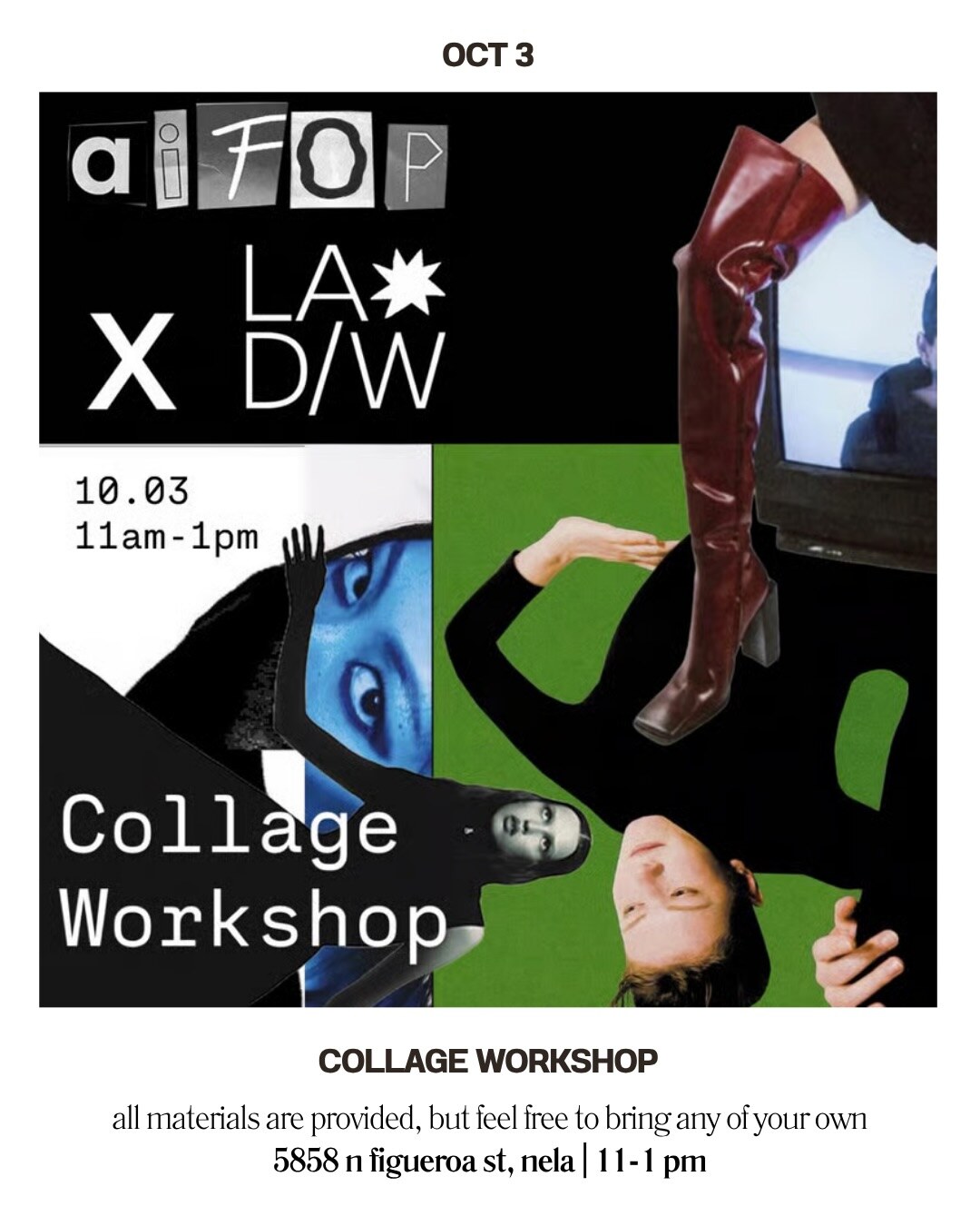 Free collage workshop flyer for Art Is Ordinary in Highland Park on October 3.